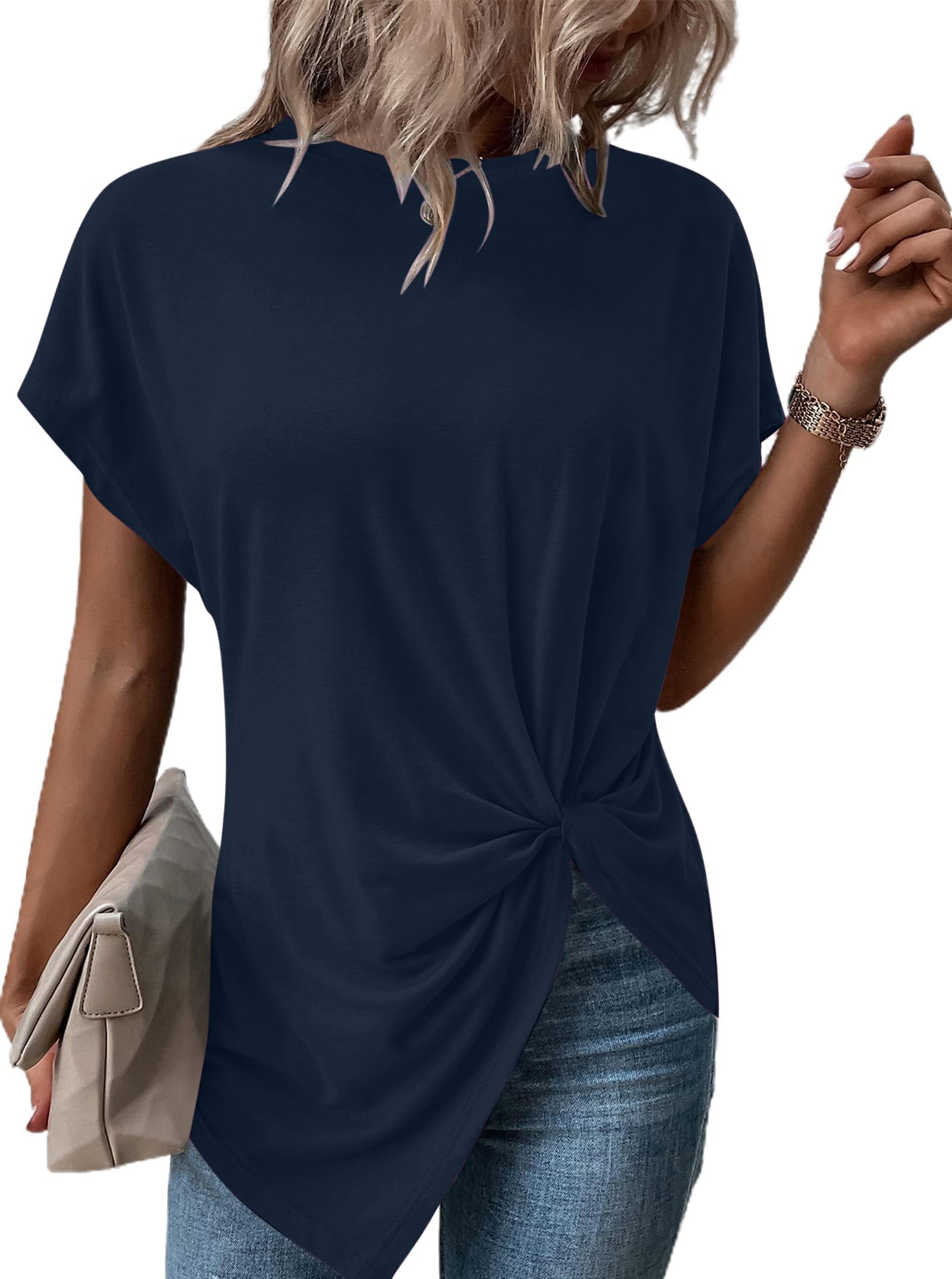 Remidoo Asymmetrical Tops for Women Twist Front Top Crewneck Knot Short Sleeve T Shirts Deep Blue Large