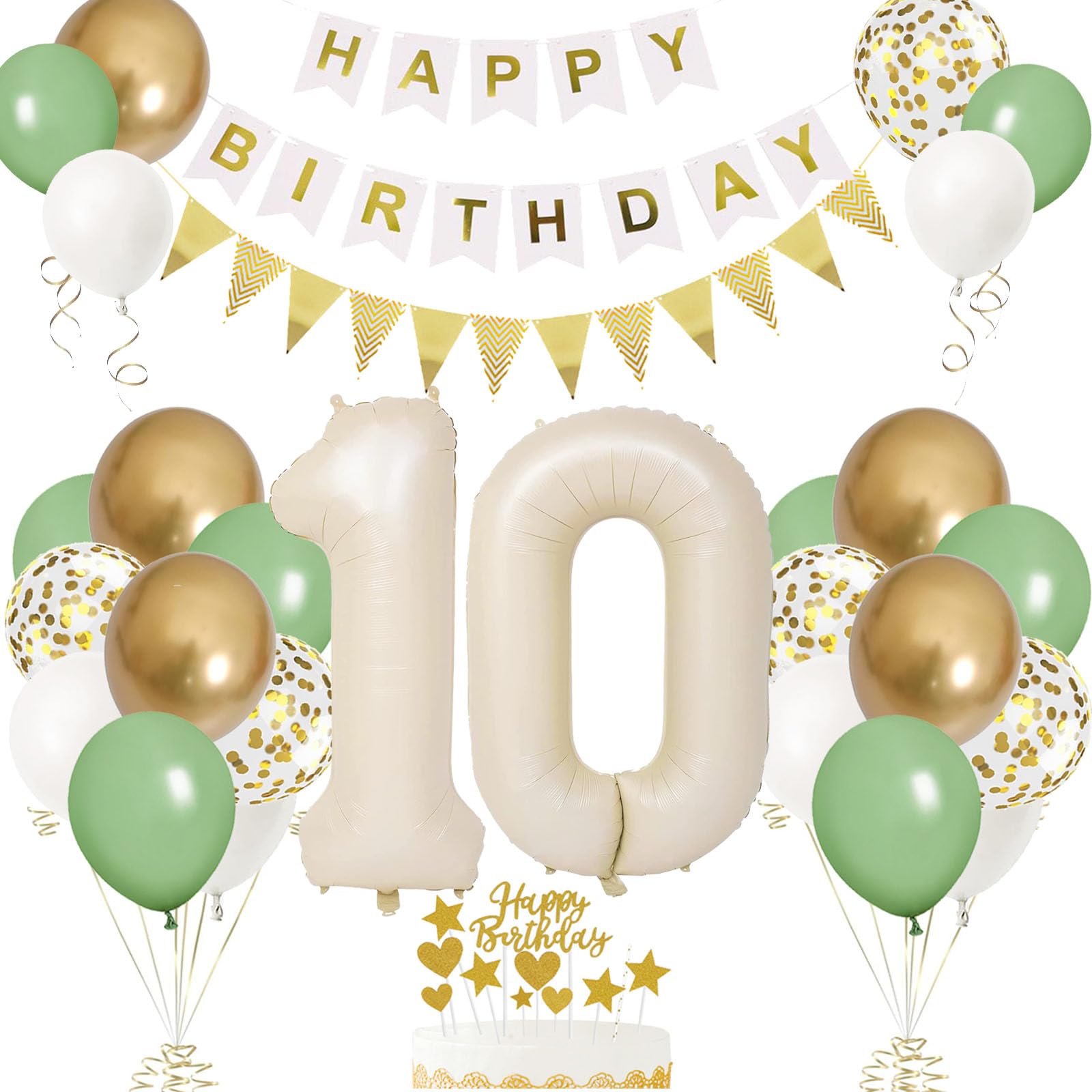 10. Geburtstag Deko Beige, Luftballon 10. Geburtstags, Geburtstagsdeko 10 Jahr, Mädchen 10 jahre Geburtstags Deko-Set, Zahl 10 Luftballons Tortendeko Grün Weiß Gold Ballons für Geburtstag Party Deko