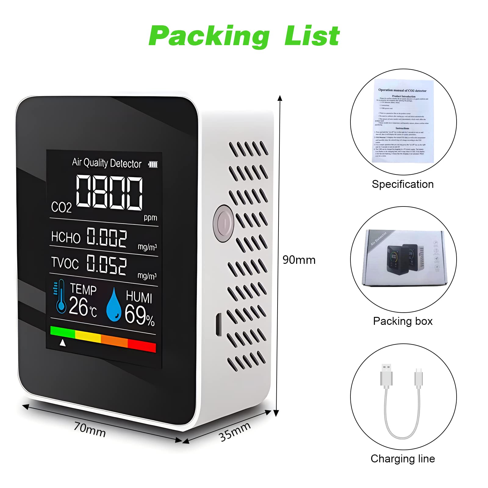 OBEST Medidor de Detector de CO2,Monitor Digital Portátil Temperatura del Aire y Sensor de Humedad,Utilizado en Casas,Fábricas,Oficinas e Interiores