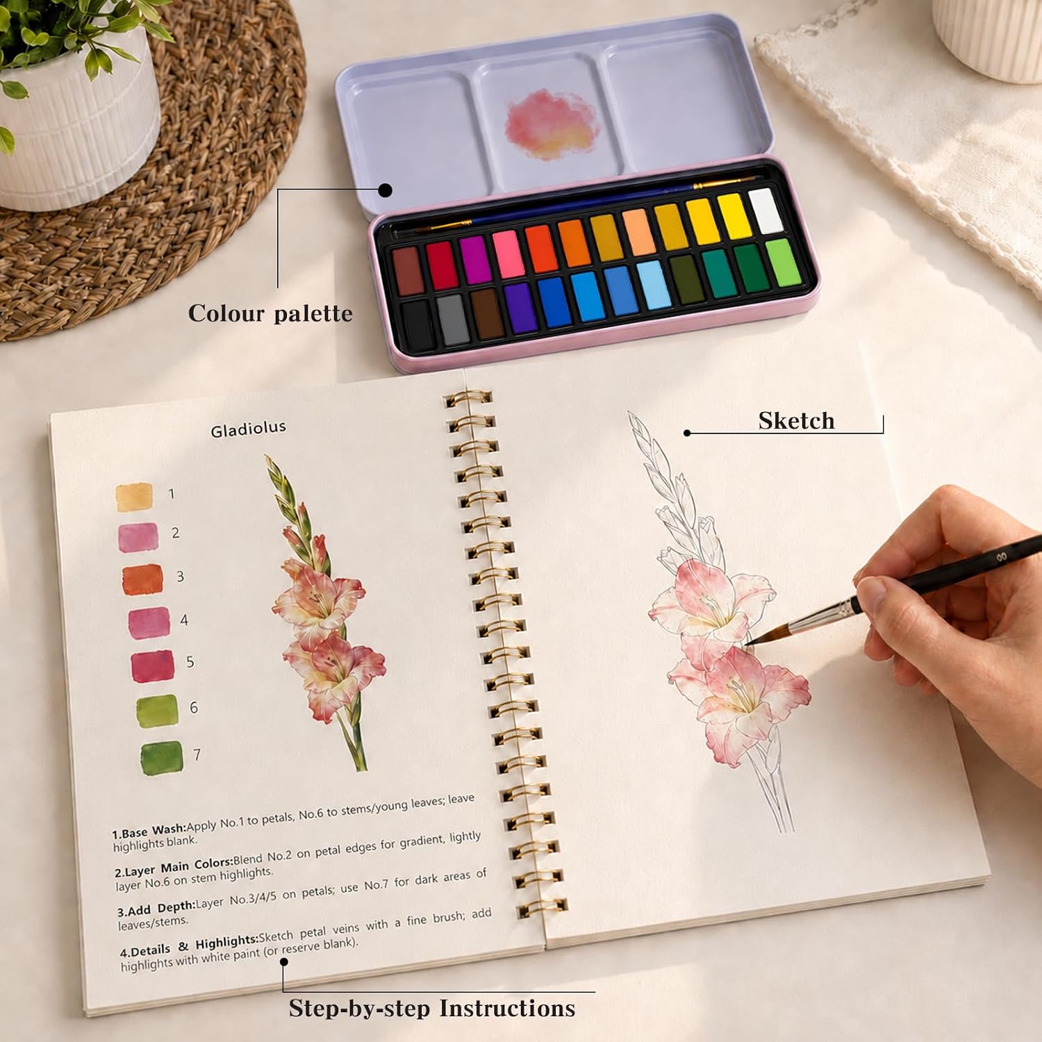 Watercolor Workbook - Water Coloring Book Set for Adults. 14 Beautiful Flower Designs Water Colors Book, 24-Color Watercolor Paint, 3 Brush Pens, 300g Watercolor Paper, Friendly for Beginners