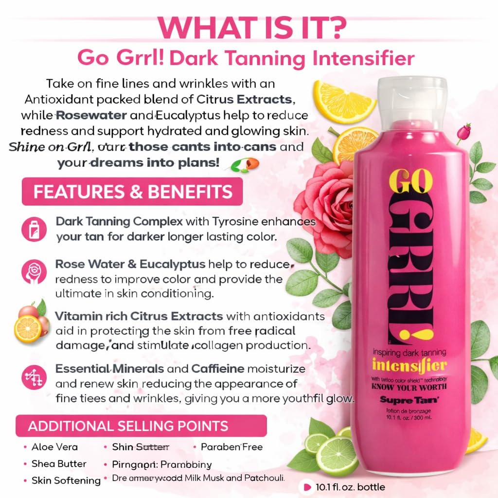 Supre Tan Go Grrl! Inspiring Tanning Bed Lotion, Dark Tan Intensifier, Indoor & Outdoor Accelerator with Tyrosine, Aloe & Shea Butter, Paraben Free, Odor Shield, 10.1 fl oz Supre Tan Go Girl!