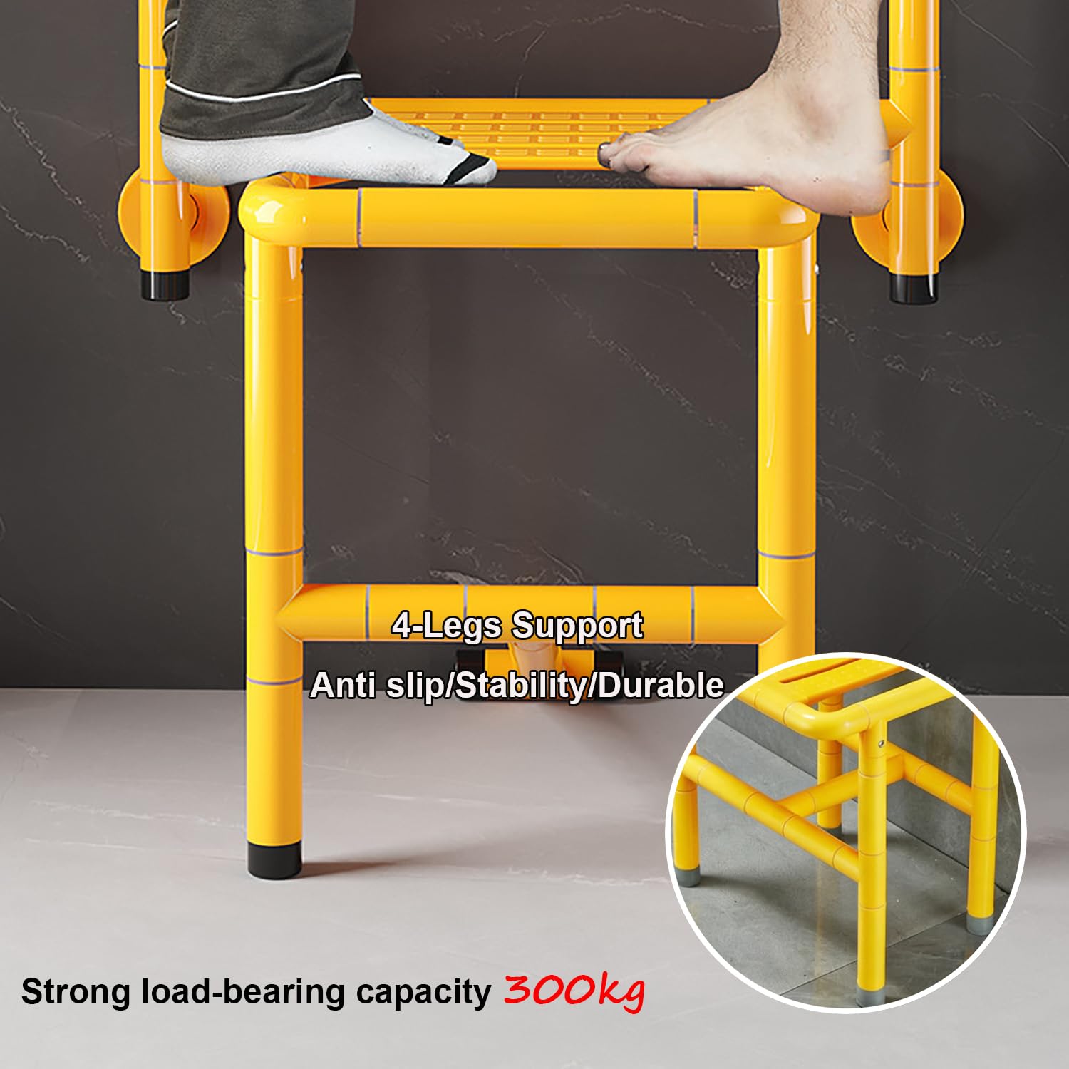 Asiento de Ducha Montado en la Pared para Personas Mayores | con 4 Patas,Plegable,Luminoso,Acero Inoxidable,Panel Reforzado,Requiere Perforación,Antideslizante,Soporta 300 kg