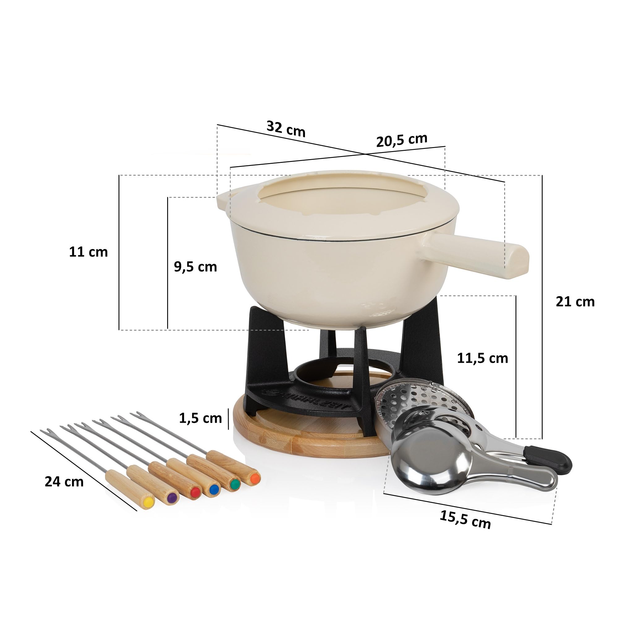 Mahlzeit Gusseisen Fondue Set für 6 Personen | 2 Liter | Fondueset 13 teilig mit Brenner und Gabeln | Fondue-Set, Käsefondue Set, Fleischfondue Set, Schokofondue Set (Creme emailliert)
