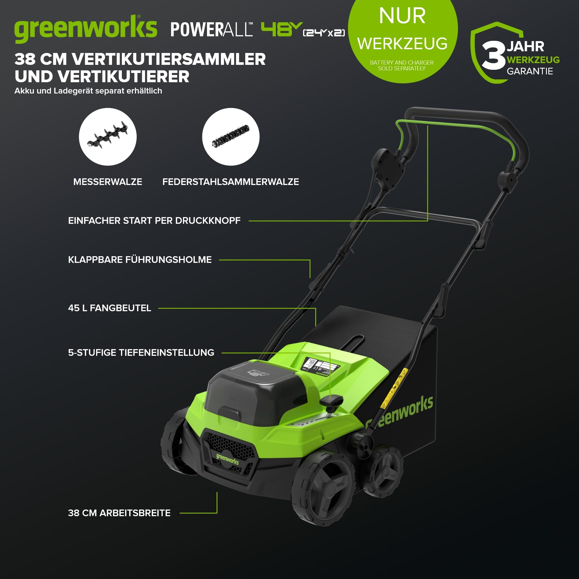 Greenworks Escarificador Aireador Césped 48V (24V x2) Brushless 2-en-1, Ancho 38 cm, 5 Niveles Altura, Bolsa 45L, Manillar Plegable, Herramienta Jardín Inalámbrica, Sin Batería GD2X24SC38II