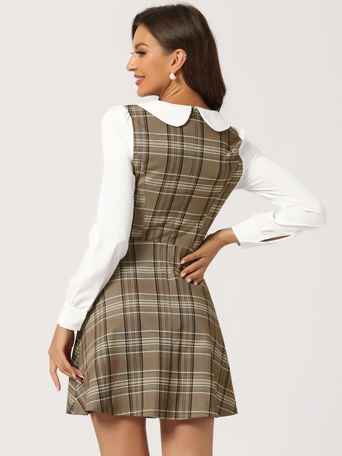 Allegra K Women's Peter Pan Collar Contrast Color Button Decor A-Line Preppy Plaid Mini Dress - Image 4