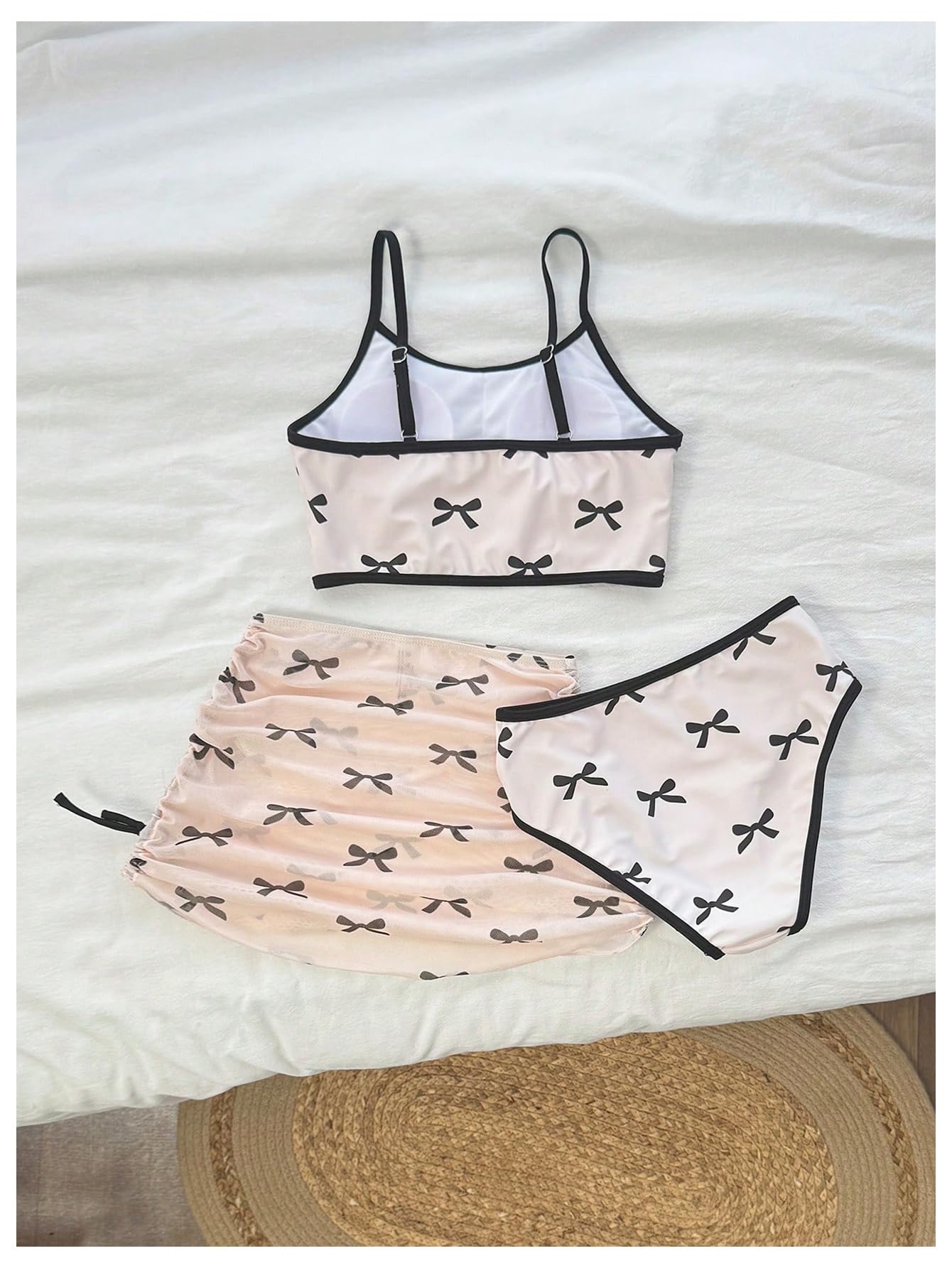 MakeMeChic Girl's 3 Piece Bikini Set Bow Swimsuit Spaghetti Strap Cute Bathing Suit with Ruched Cover Up Skirt Multicolor 10Y