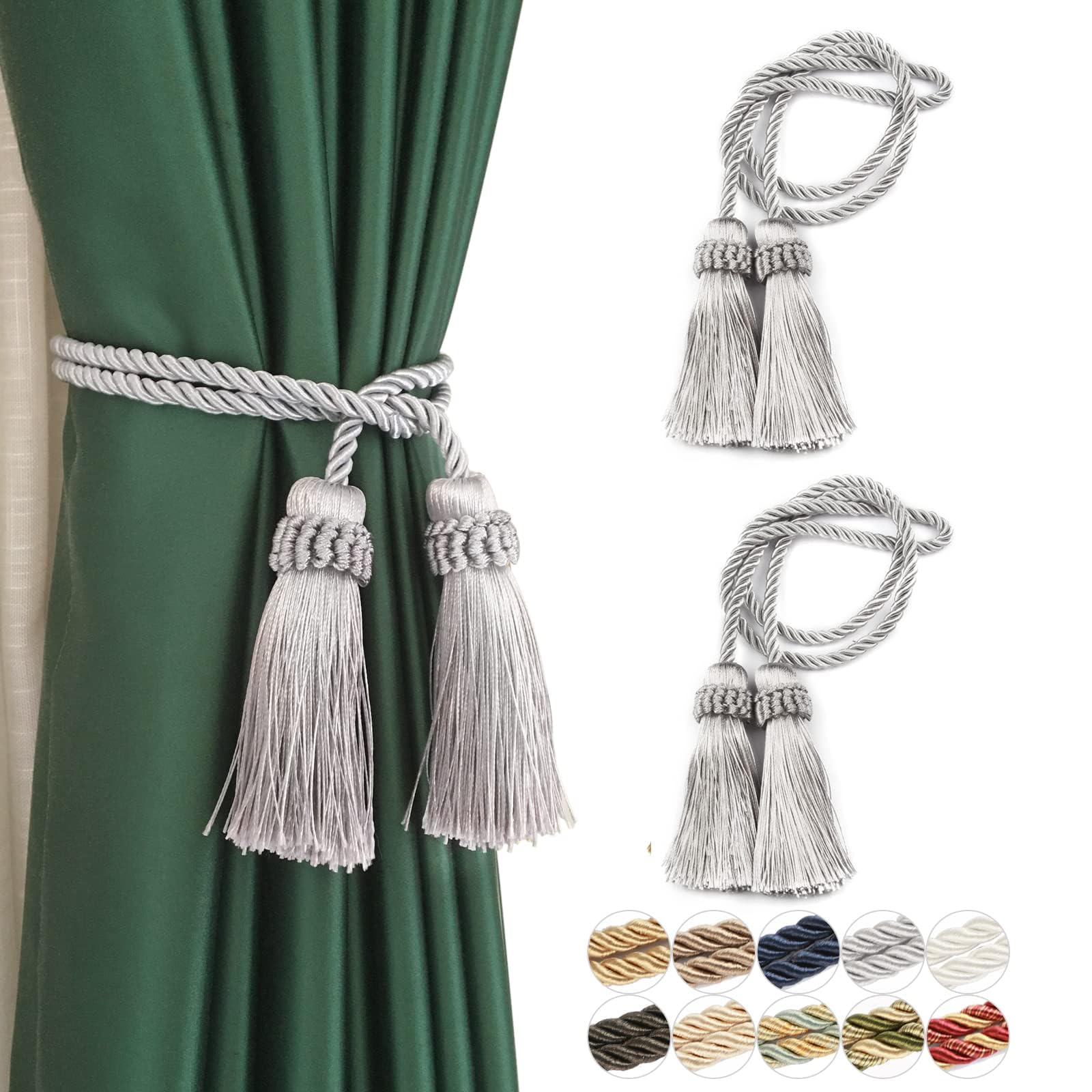 Fenghuangwu 2/4 Pack Curtain Tiebacks Handmade Decorative Curtain Holdbacks Rope with Tassel (Silver - 2P)