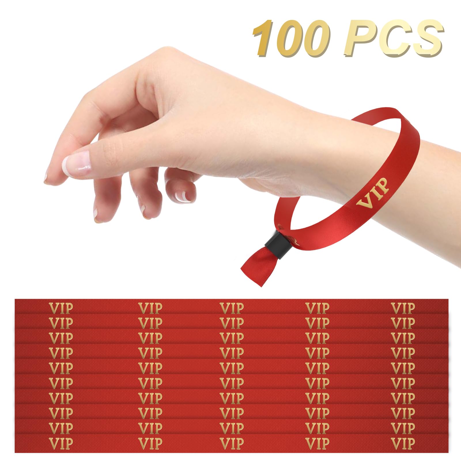 100 sztuk opasek na nadgarstek VIP z tkaniny, brązujący VIP, kolorowe opaski bez logo, odpowiednie do lekkiego paska na nadgarstek koncertowy do aktywności, imprez (czerwona)