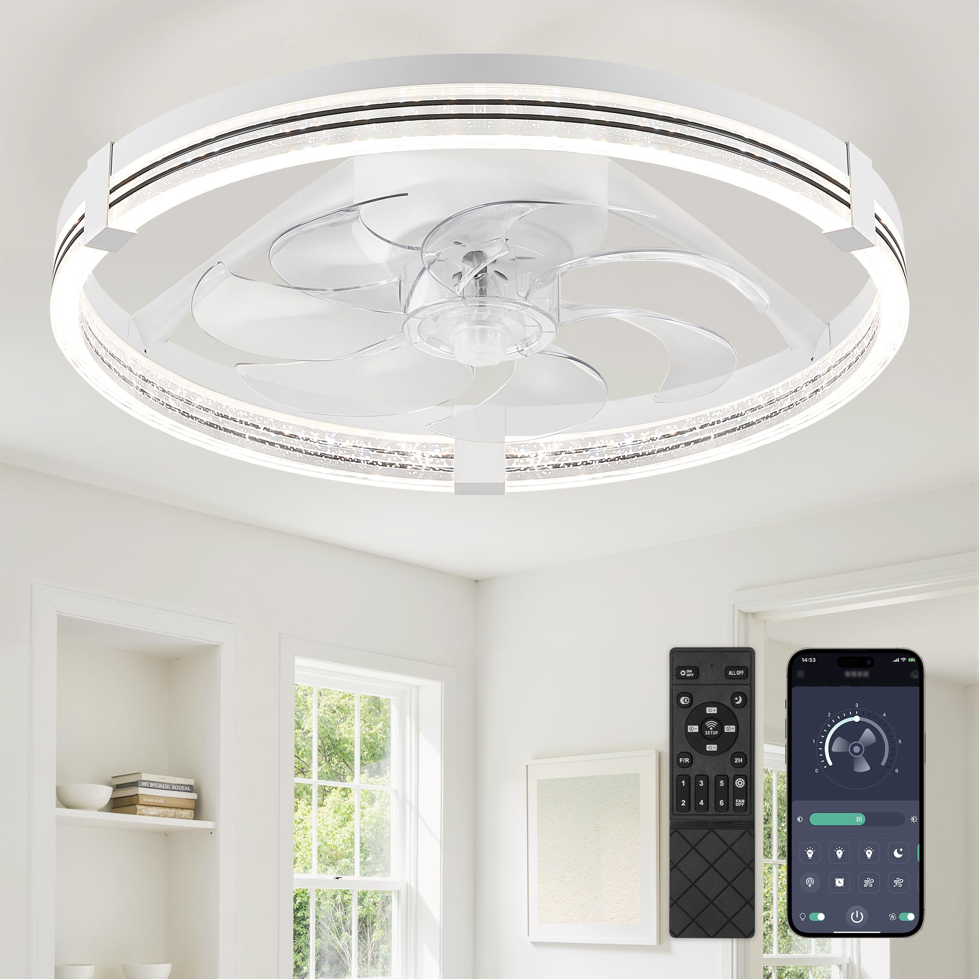 ZMISHIBO Deckenventilator mit Beleuchtung, dimmbare LED 3000K-7000K, 6 Geschwindigkeiten, Umkehrfunktion, APP & Fernbedienung, Timer, leise für Wohnzimmer & Schlafzimmer, Weiß