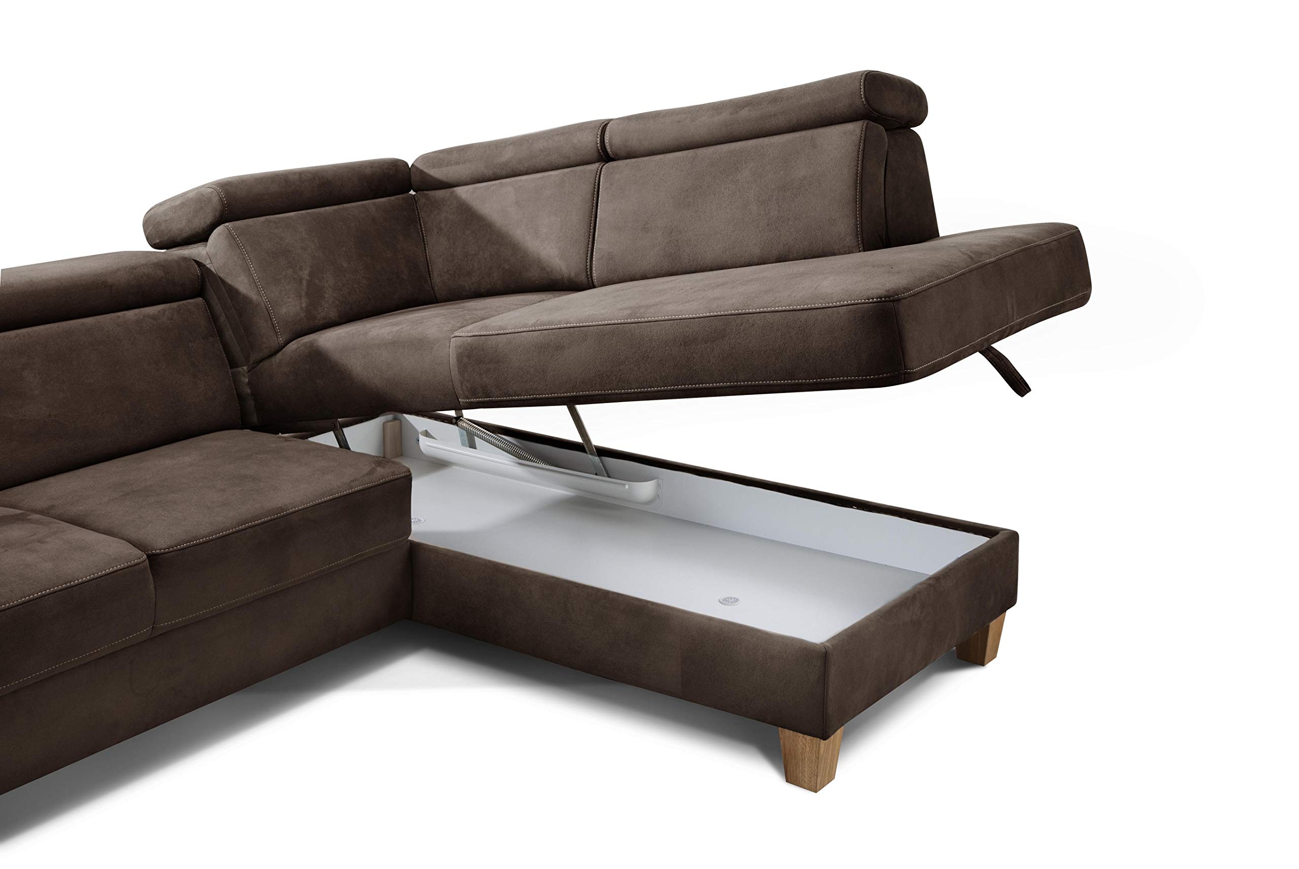 CAVADORE - Divano letto Ammerland con ottomana a destra, in stile country, con poggiatesta regolabile, letto e cassettone, 245 x 84 x 194, effetto pelle, colore: marrone