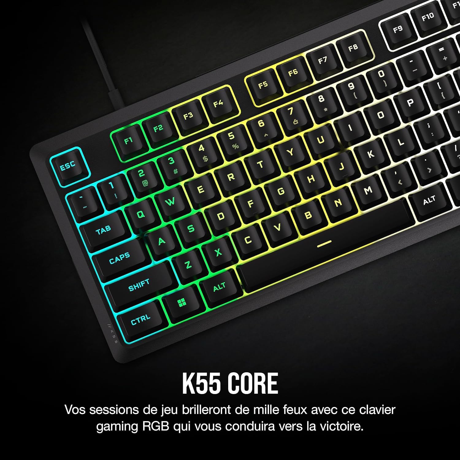 Corsair K55 Core RGB Przewodowa klawiatura do gier z membraną - responsywne przełączniki - odporność na zachlapanie - Ten-Zone RGB - klawisze multimedialne - kompatybilne z iCUE - AZERTY FR - PC, Mac