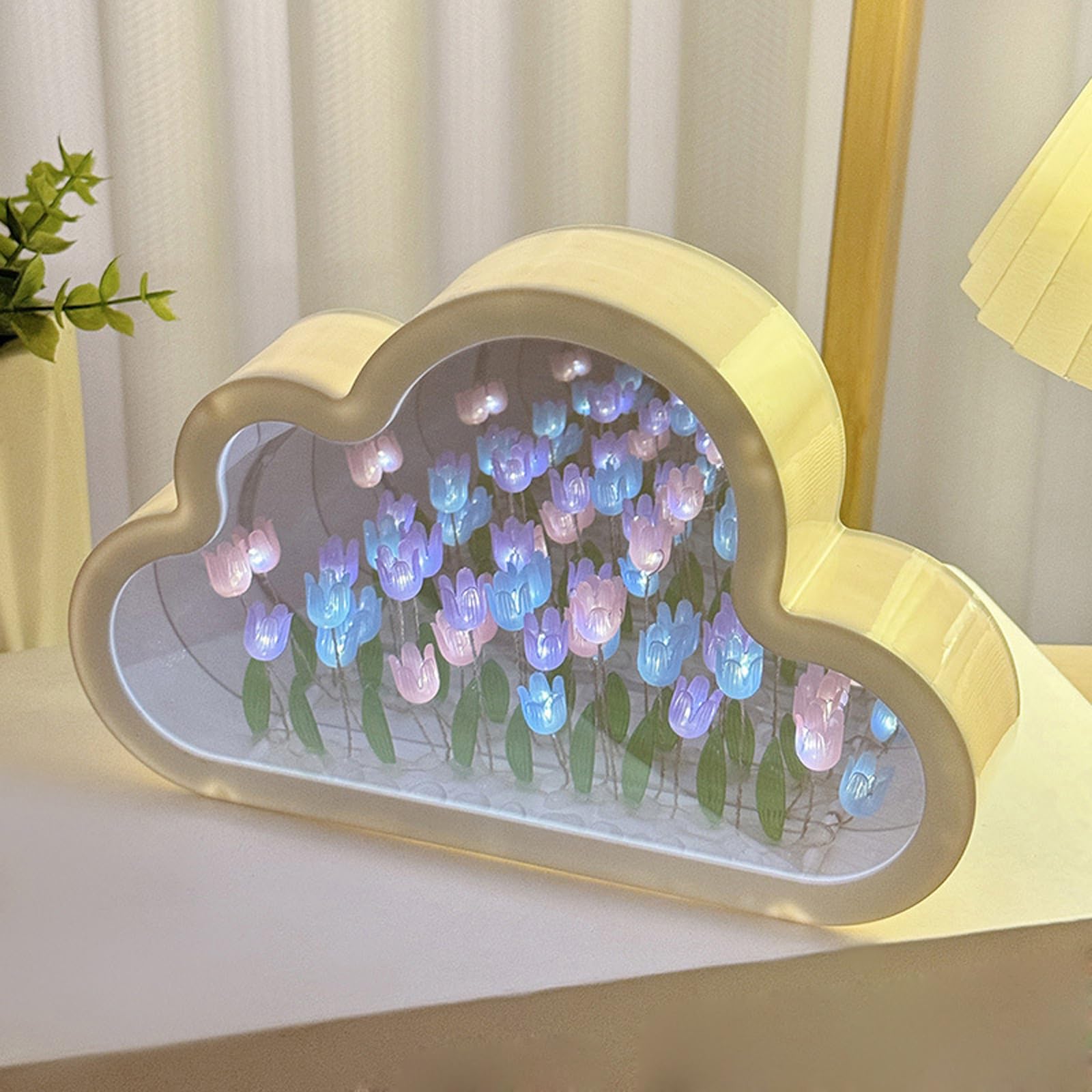 Forever Infinite Cloud Mirror Tulip Lamp, Fully Assembled Tulip Mirror Night Light with DIY Decorative Night Lamp for Bedroom (Color)