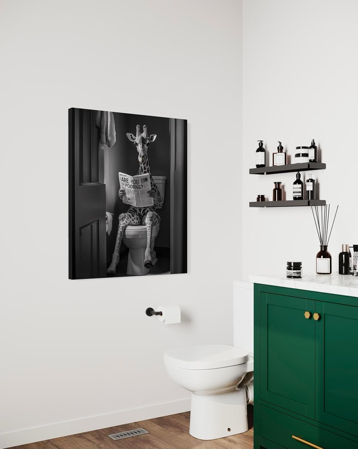 Giraffe on Toilet Bathroom Wall Art Print Canvas Wrapped, Animal Restroom Decor Posters Prints Home Picture Painting Artwork Gallery 9 (Giraffe on Toilet, 20L" x 16W" CANVAS, Wrapped Canvas)