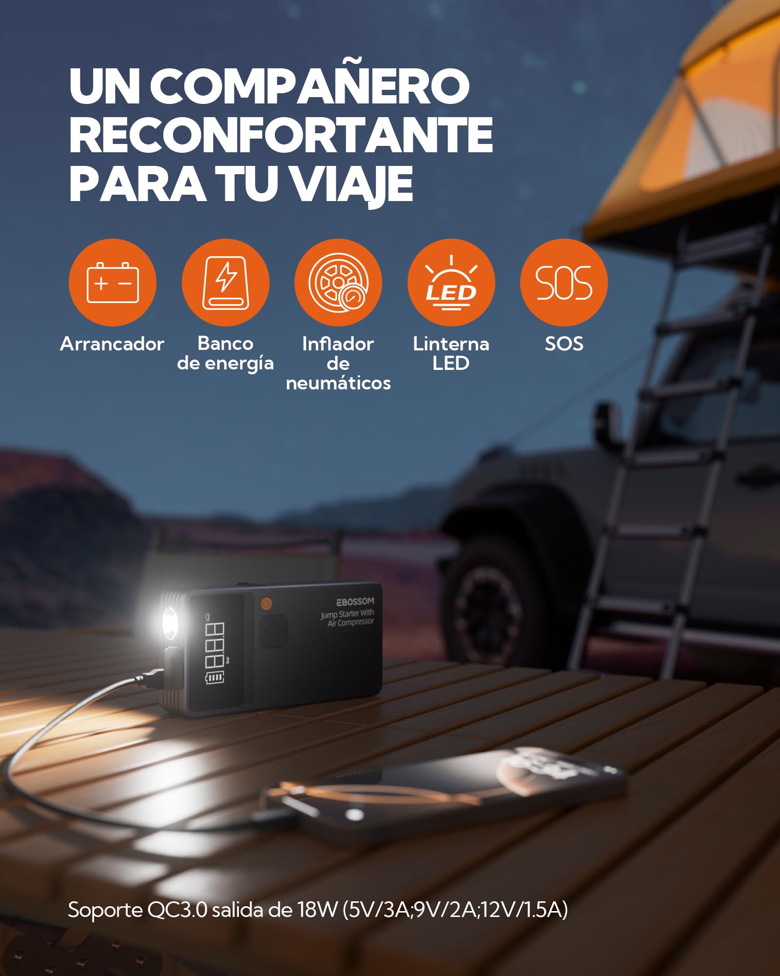 Arrancador de Baterías de Coche,Booster para Coche con Compresor de Aire Portátil 7en1,Arranque de Batería con Inflador para vehículo de 12000 mAh,Kit de Emergencia del Conductor con Linterna LED