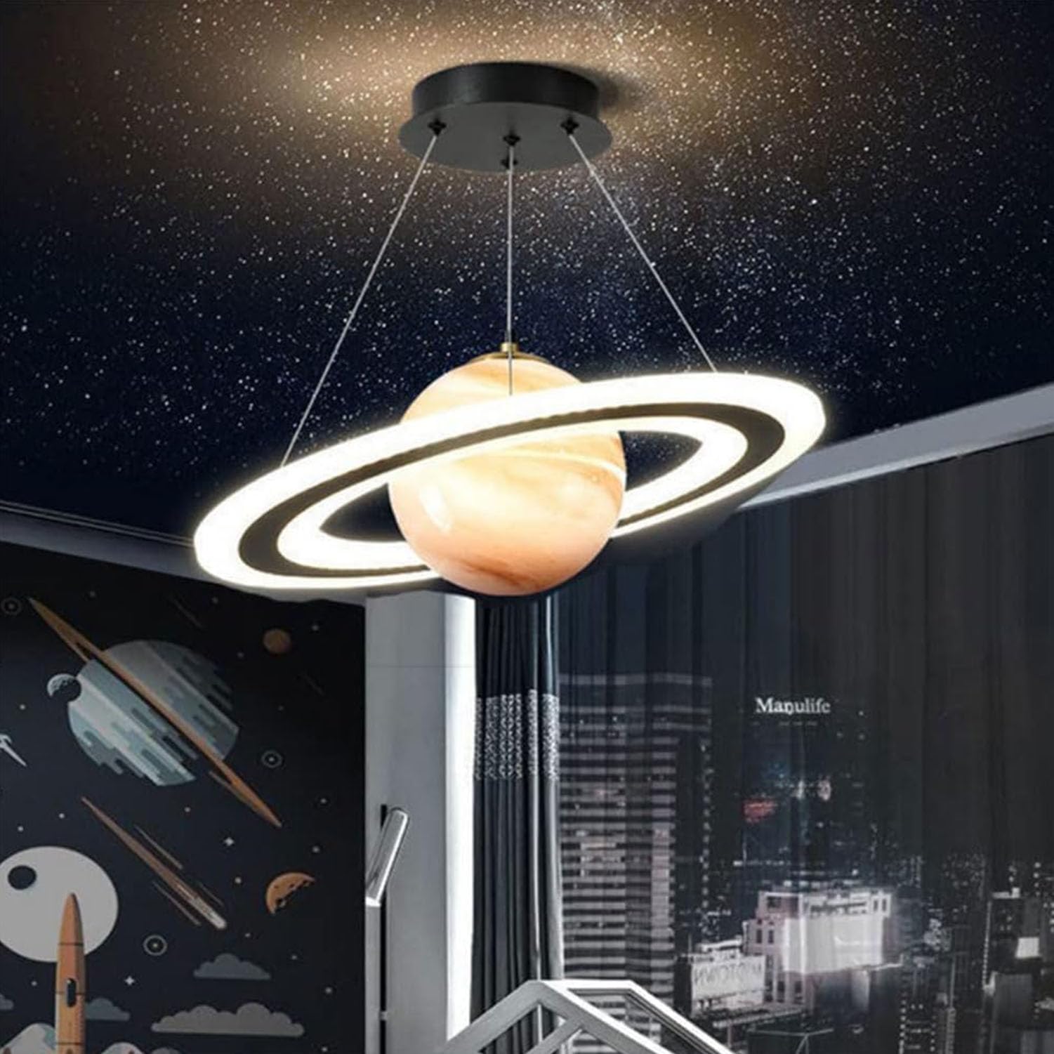 Lampadario Sospensione Bambini - Plafoniera LED Moderna a Forma di Pianeta, 45W Dimmerabile con Telecomando, Design Creativo Spaziale per Cameretta, Nursery e Area Giochi (Arancione, 55cm)