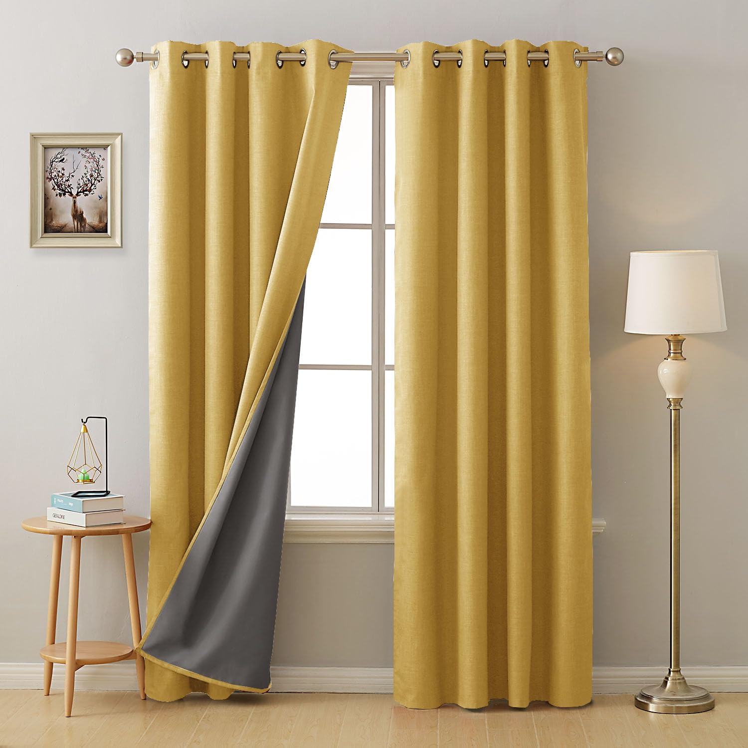 Deconovo 100% Blackout Curtains 84 Inch Drop Faux Linen Thermal Insulated Eyelet Door Curtains for Living Room Bedroom with Coating Yellow W52 x L84 One Pair
