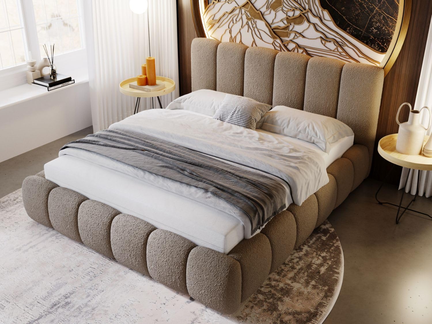 GRAINGOLD Cloud Bett 180x200, Polsterbett mit Bettkasten, Polsterbett mit Stauraum, Bouclé-Stoff, mit Lattenrost, mit Kopfteil, ohne Matratze (Braun, 180x200)