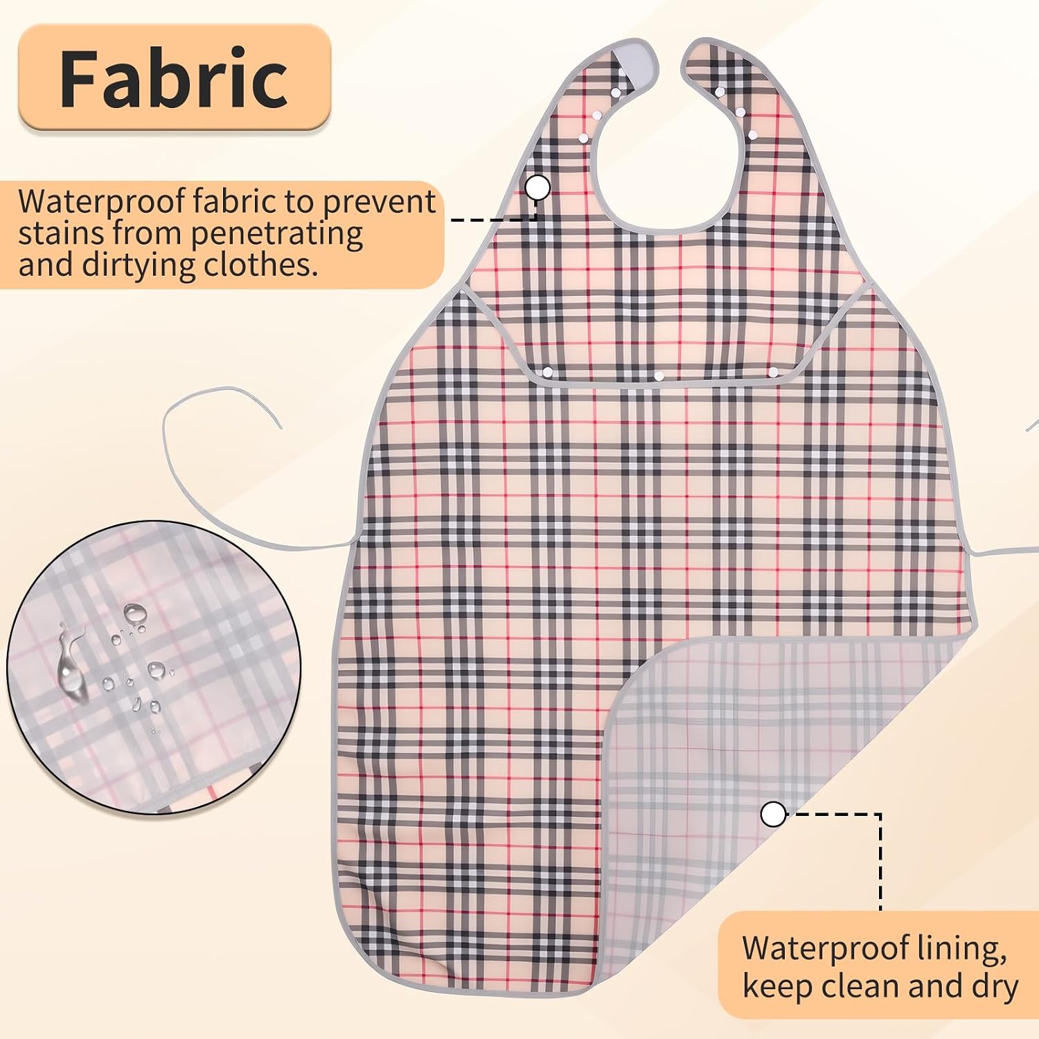 Adult Bibs with Reusable Crumb Catcher, 2 Pcs Waterproof Long Bibs for Women and Men with Short Detachable Terry Cloth Bib, Adjustable Clothing Protectors for Elderly, Disabled, Alzheimers, Apricot