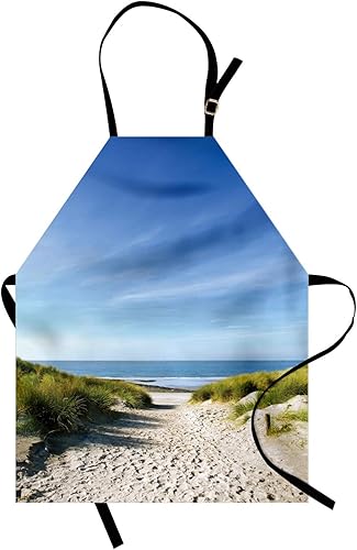 Ambesonne Ocean Apron, Path to the Ocean Sky Sandy Seaside Shore Getaway Relaxing Summertime, Unisex Kitchen Bib with Adjustable Neck for Cooking