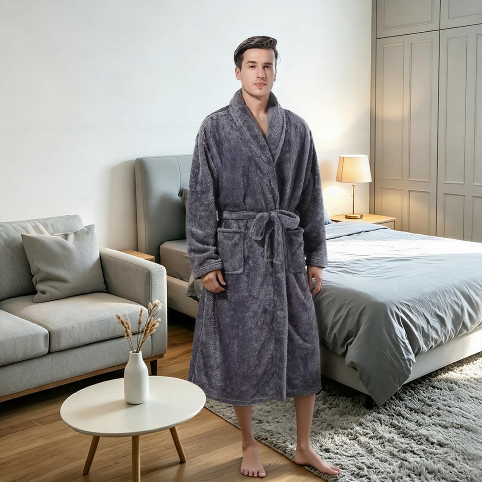 Inner Wish Bata de baño de forro polar de felpa para hombre, acogedora y cálida, bata larga de spa con bolsillos (gris oscuro)