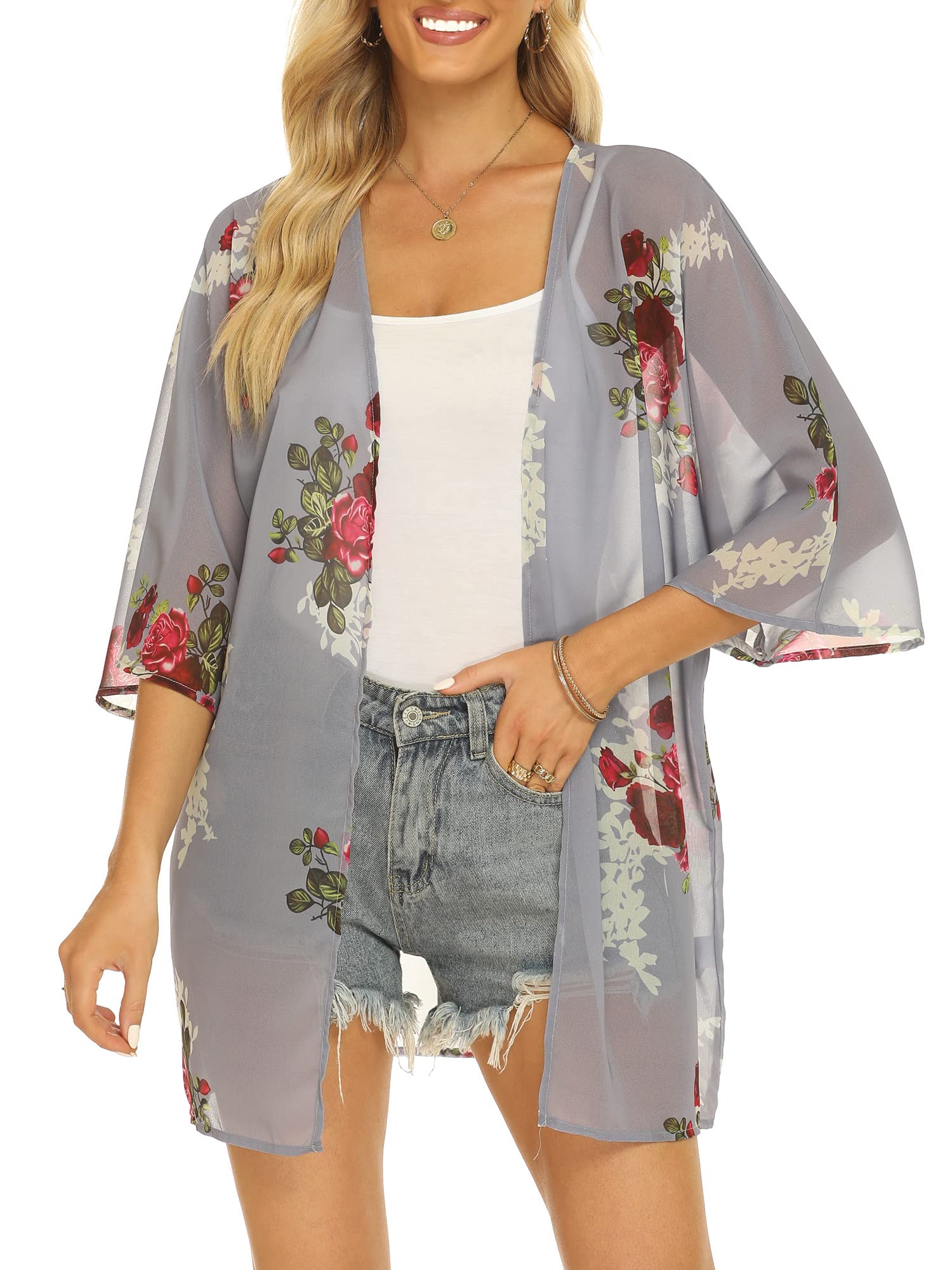 Chunoy Damska bluzka na co dzień z krótkim rękawem szyfonowe kimono szal bluzka top, Pasek - zielony, Medium