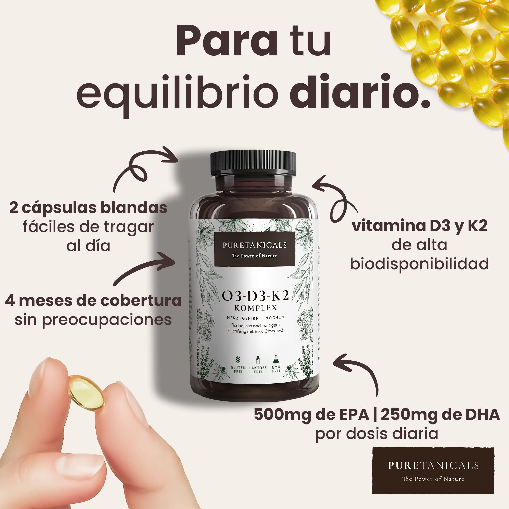 Omega 3 + Vitamina D3 + K2 MK7 All-Trans - Premium O3-D3-K2 Complejo Alta Dosis | Aceite de Pescado con Ácidos Grasos Esenciales EPA DHA | Óleo Omega3 Líquido | 240 Cápsulas de Gel Blando