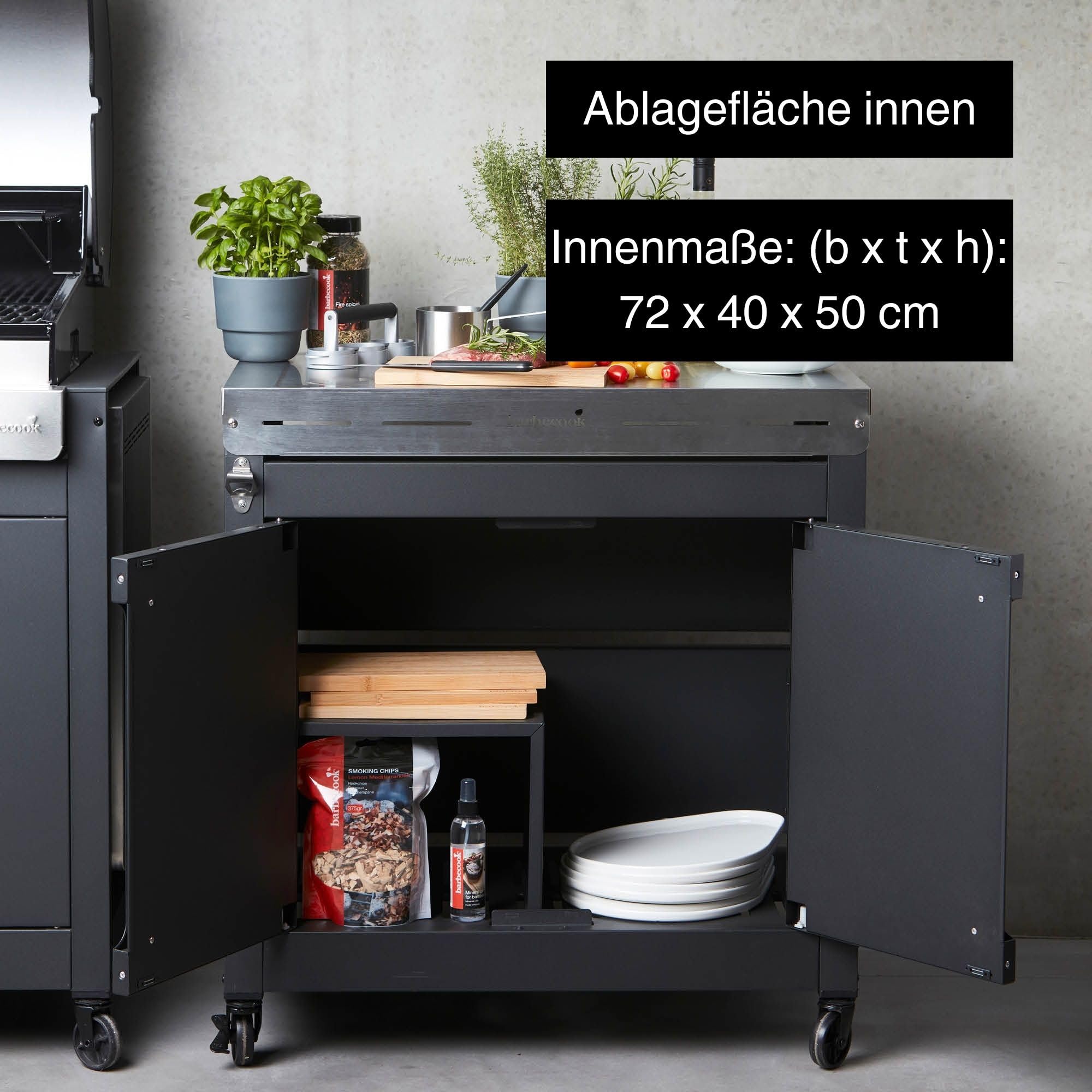 barbecook Premium Buddy Outdoor Grilltisch mit Stauraum und integrierter Flaschenöffner für Gasgrill, 84 x 46 x 90 cm