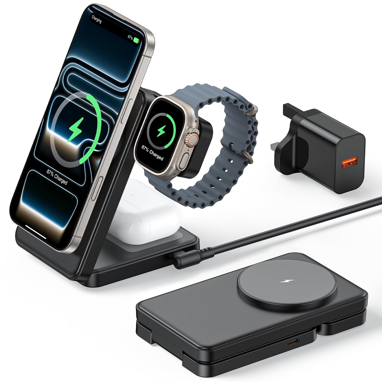 Estación de carga magnética 3 en 1, cargador inalámbrico rápido de 15 W compatible con soporte de cargador MagSafe para iPhone 17, 16, 15, 14, 13, 12, cargador de Apple Watch y AirPods, base de carga