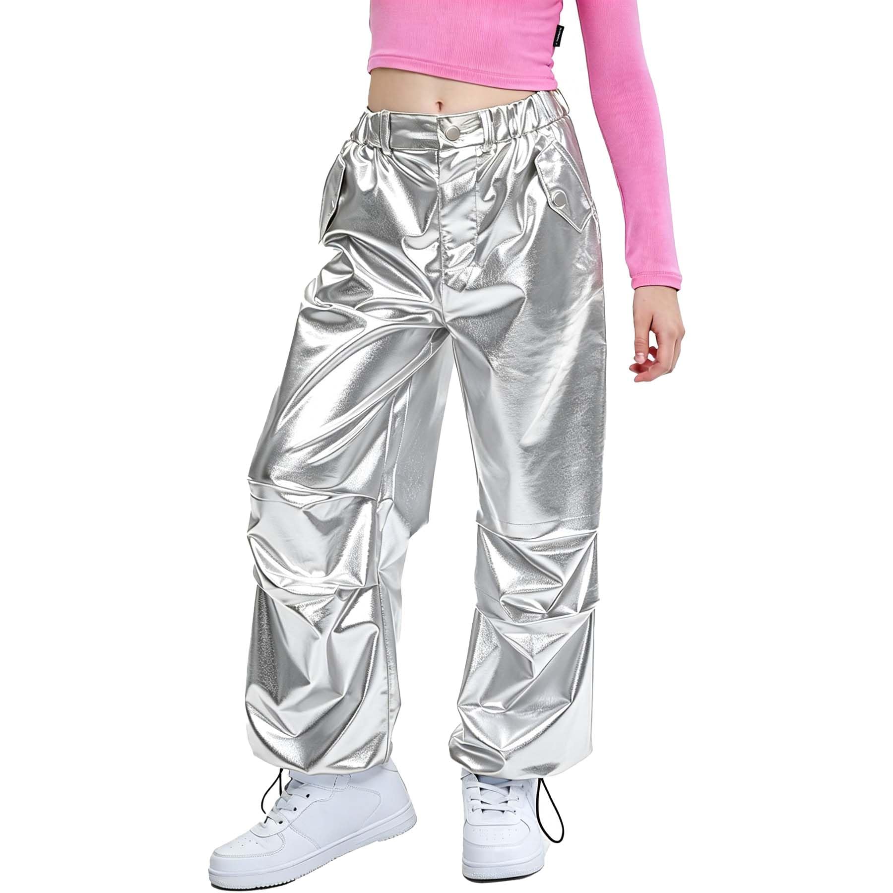 LOLANTA Pantalones de Cuero Metálico Brillante Traje de Baile Hip Hop Retro Cintura Elástica para Niños 6-13 años