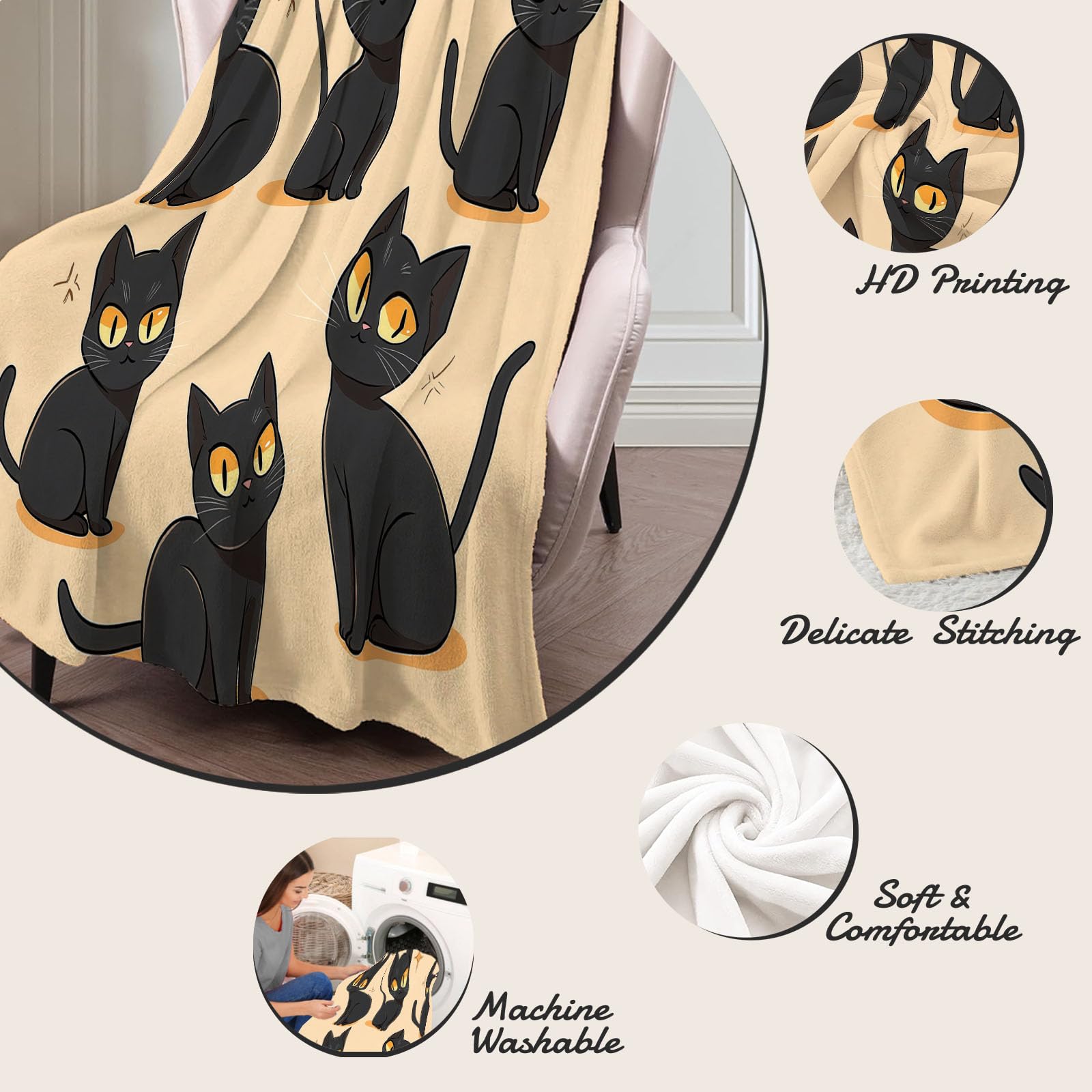 Manta Estampada Lindo Gato Negro, Suave y Mullida Ligera Franela Dibujos Animados Animales Negro Manta, para Adolescentes y Adultos habitación Cama Sofá y Viaje 180x200 cm