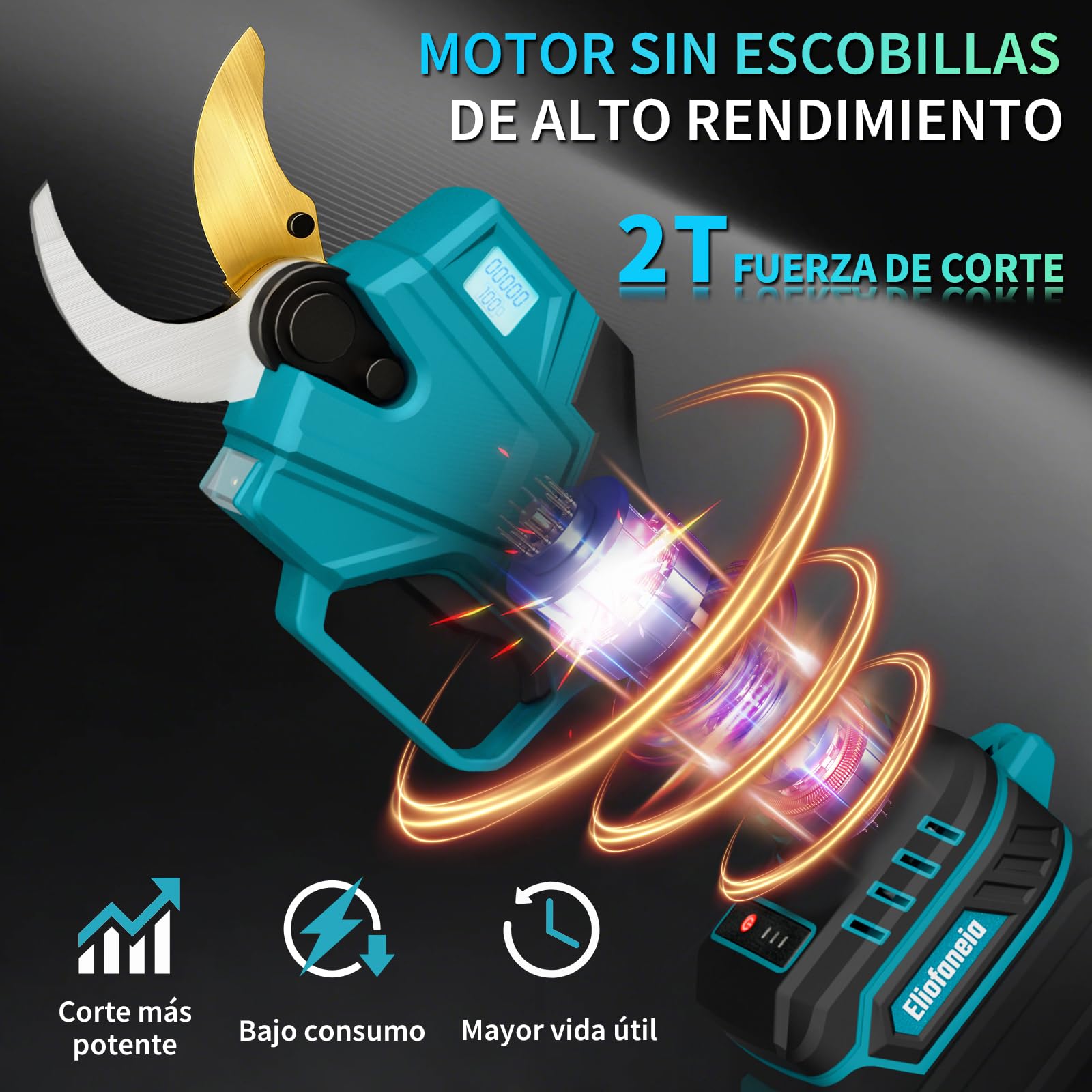 Tijeras de Podar Eléctricas.2baterías de litio 4000 mAh,Motor sin escobillas de 1000W,Ramas hasta 40mm,Cuchillas con Revestimiento de Titanio,Control Digital,Incluye Maletín y Accesorios