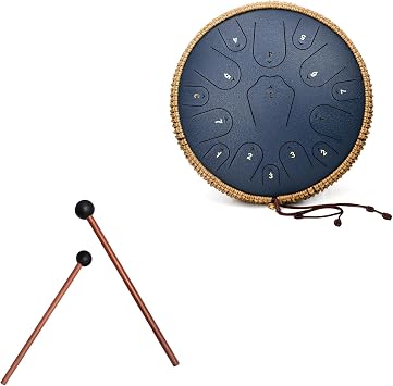 Steel Tongue Drum -14 Inch 15 Notes Tongue Drums, Handpan Drums, Steel Drum Instrument for Adults, Rubber Xylophone Mallet Percussion with Wood Handle, Bell Mallets Glockenspiel Sticks