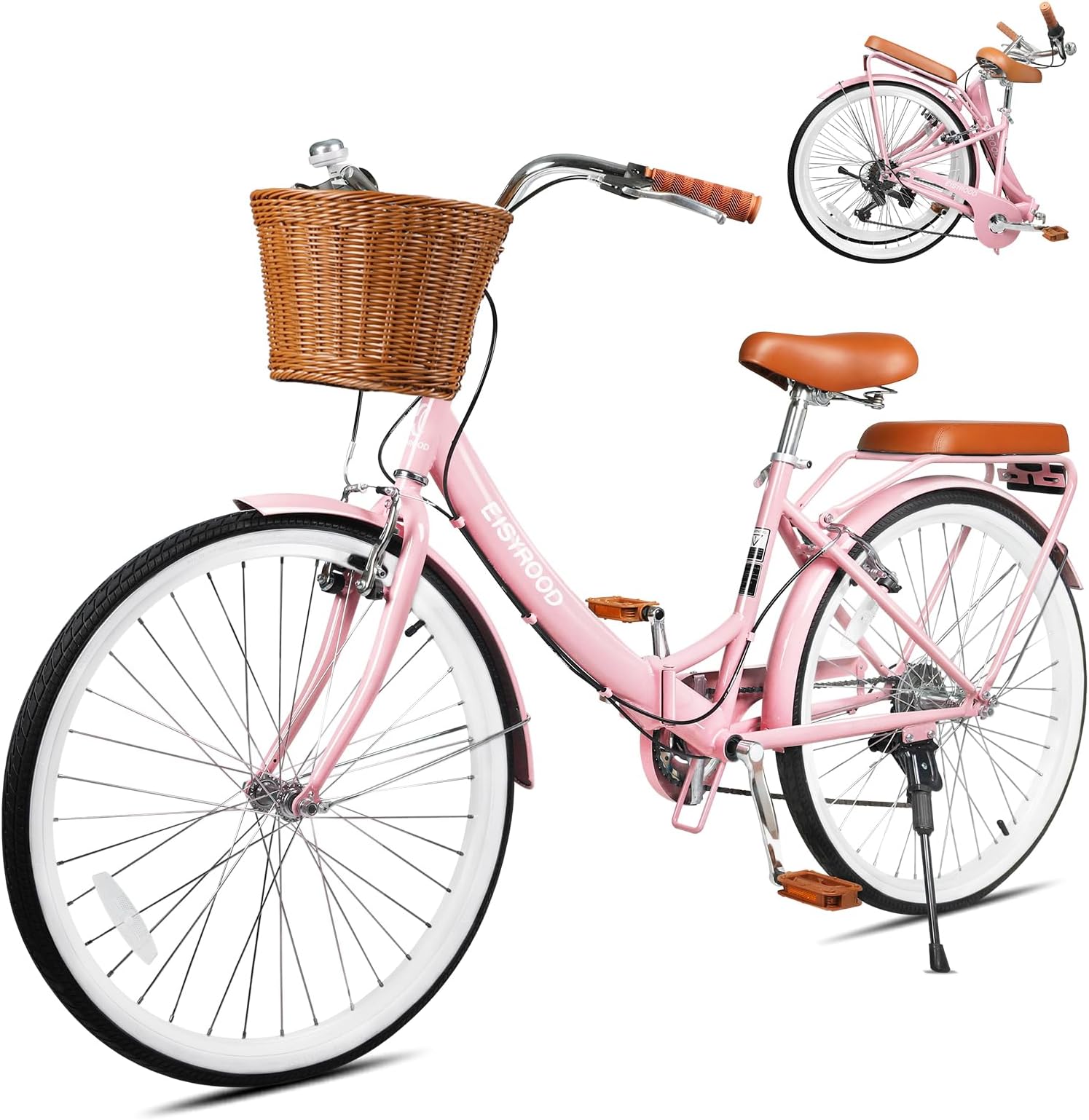 26 Inch Folding Beach Cruiser Bike for Women, 7-Speed Ladies Bike with Basket & Rack, Perfect for City Commuting's Bicycle, Ideal for Women and Adults