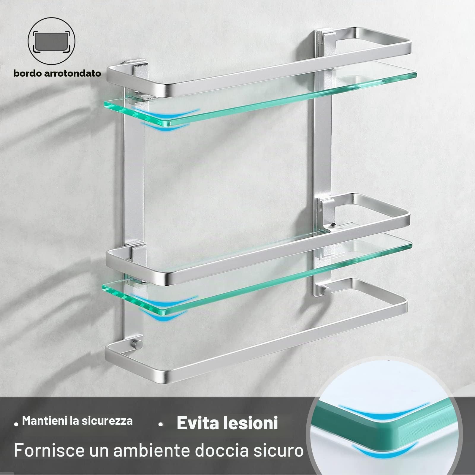 KES Mensola Bagno Vetro con Portasciugamani, Mensola Vetro Temperato 8MM di Spessore, 2-Livelli Mensola con Porta Asciugamani da Parete Alluminio Argento, A4127B