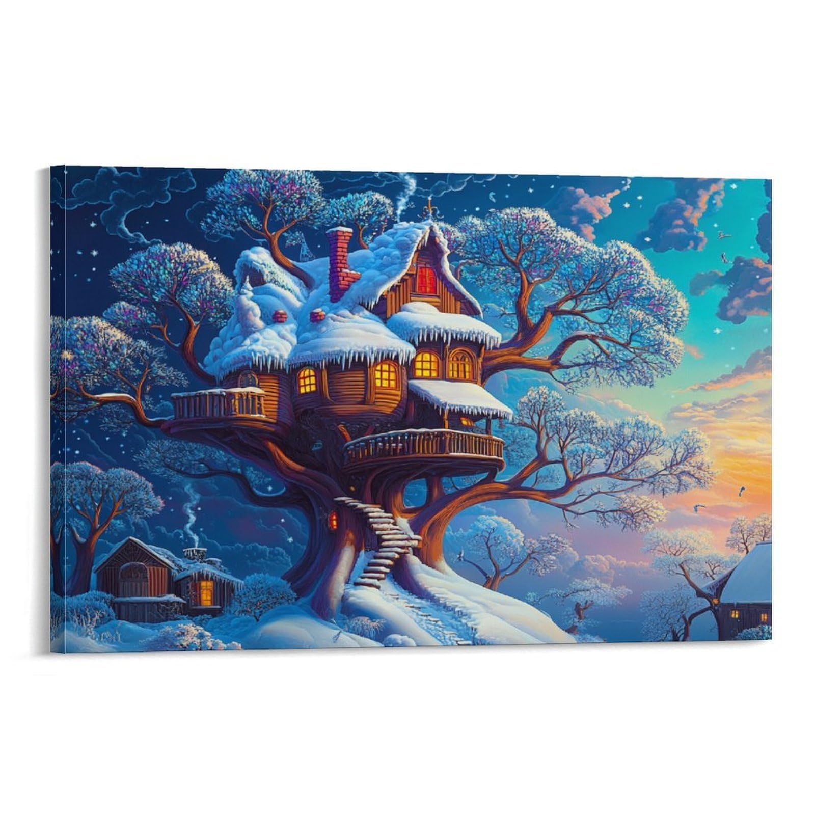 CPLVKWRQJ Winter Treehouse 1 Piece Fantasy Illustration Style Canvas Artwork - Living Room Gallery Wall Statement Piece Fade Resistant Decor 16x24inch(40x60cm)