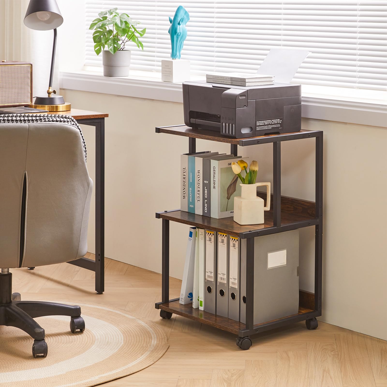 IBUYKE Support d'imprimante avec étagère de Rangement, Table d'imprimante à 3 Niveaux avec roulettes, Chariot d'imprimante pour Organisation de Bureau à Domicile TPS001H