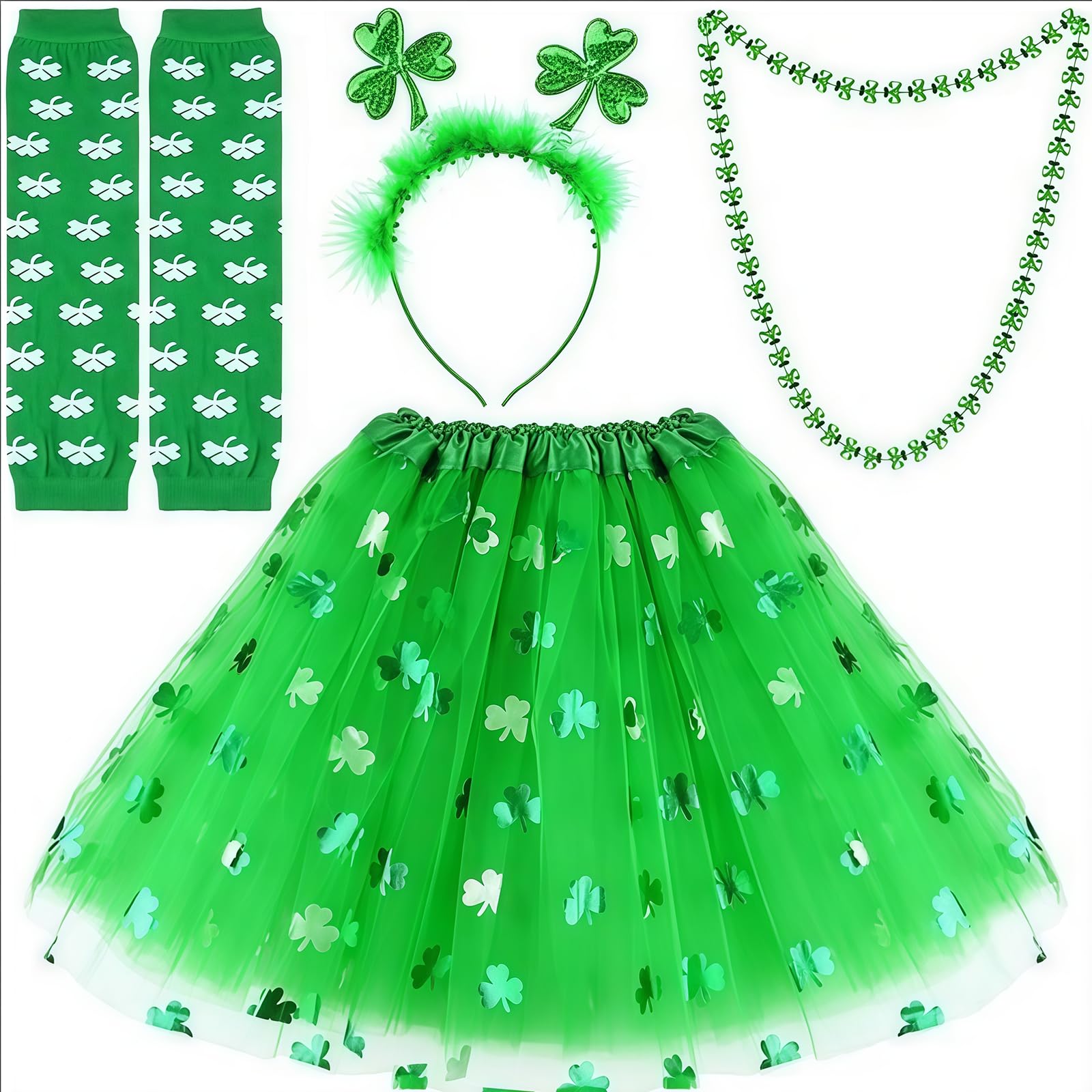 GWAWG St Patrick’s Day Costume 4PCS Shamrock Headband, Necklace, Gloves, Green Tutu Skirt, Leprechaun Accessories for Women St Patricks Day Outfits Fancy Dress Irish Gifts St Patrick’s Day Accessories