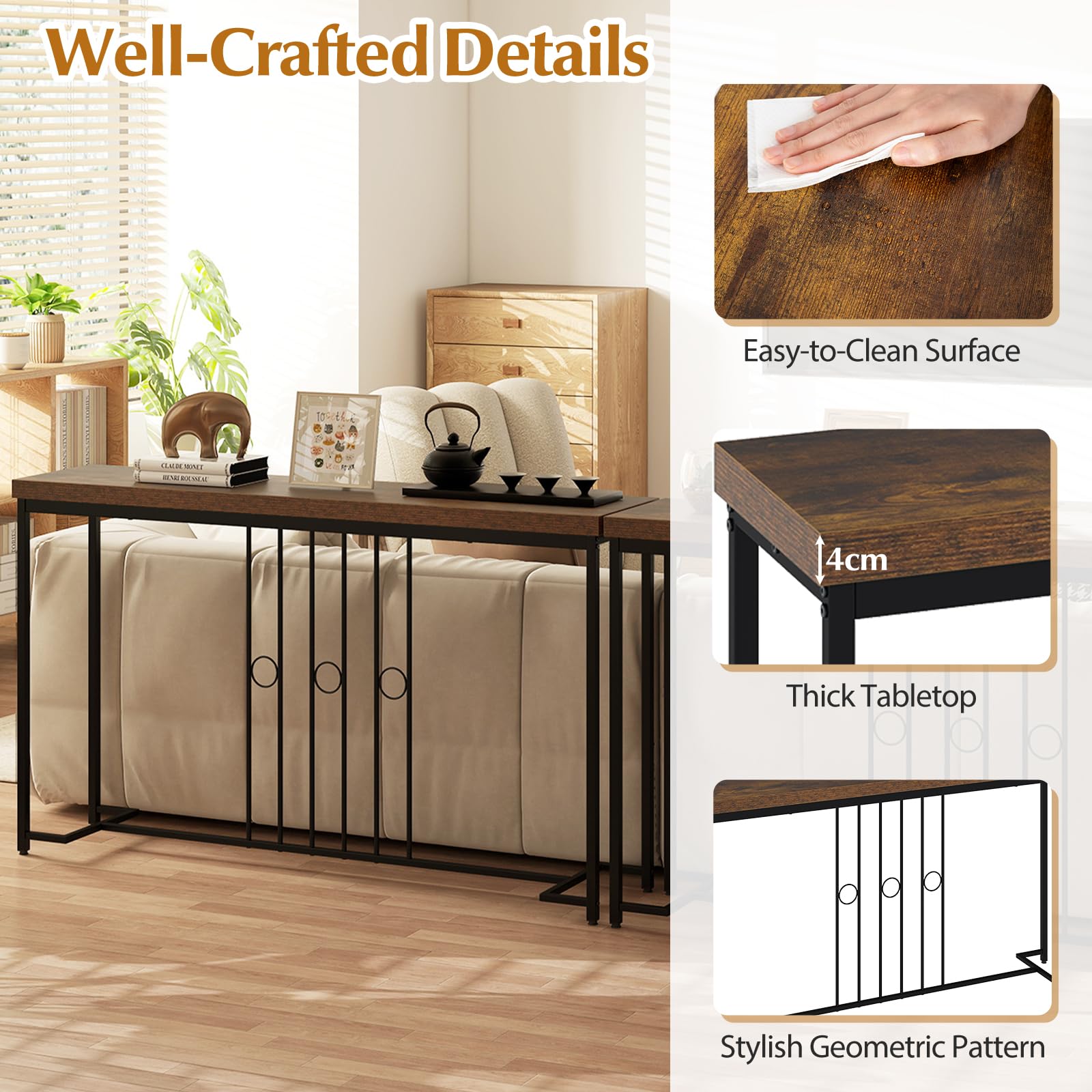 LIFEZEAL Consolle Ingresso, 140x30x81cm, Tavolo Consolle, Industriale, Lungo, Salvasapzio, in Legno e Metallo, con Decorazioni a Linee e Anelli, Console Dietro Divano, Entrata, Corridoio, Marrone