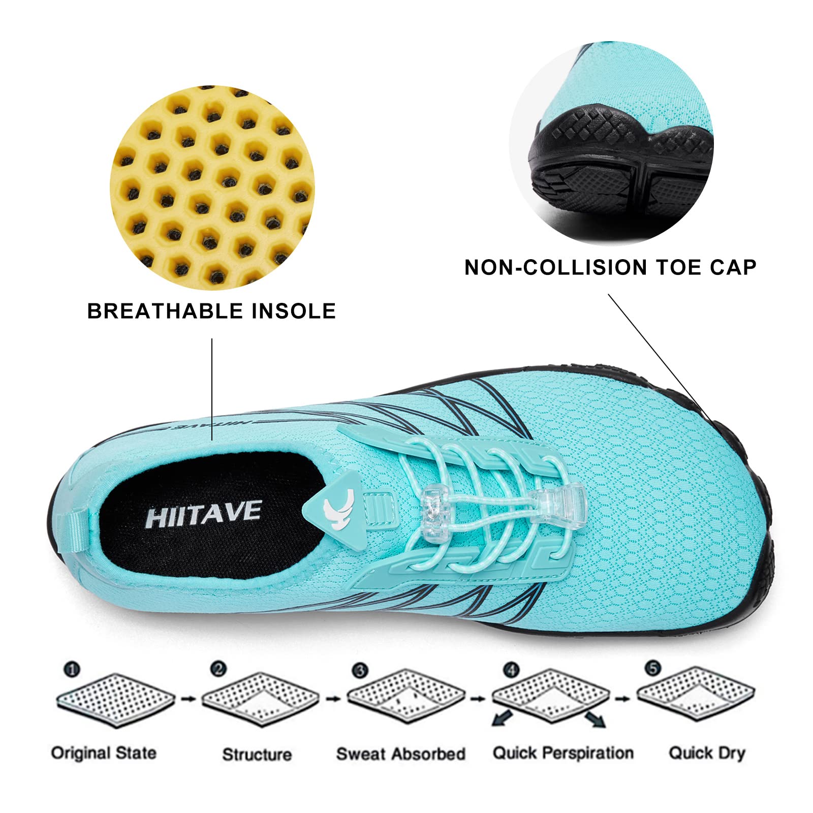 HIITAVE Water Shoes Women Barefoot Aqua Shoes Socks Quick-Dry Beach Swim Surf Shoes fot Yoga Pilates Water Aerobics Blue Black Size 7 Women M US