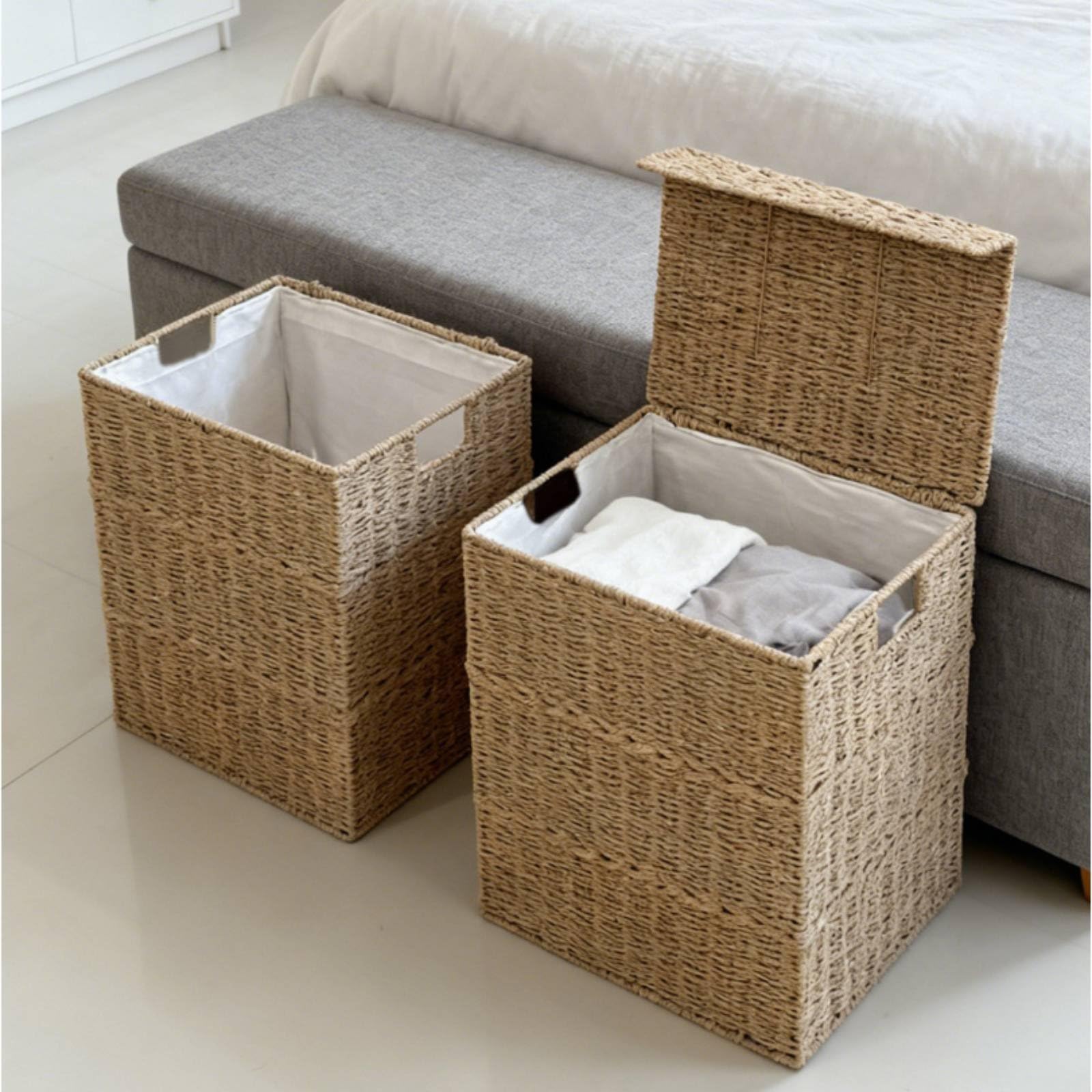 2 Stück Wäschekorb mit Deckel geflechtetes Rattan-Designoptik Aufbewahrungskorb dekorativ Aufbewahrungsbox, Set Aus 2 Wäschekörben Klein + Groß