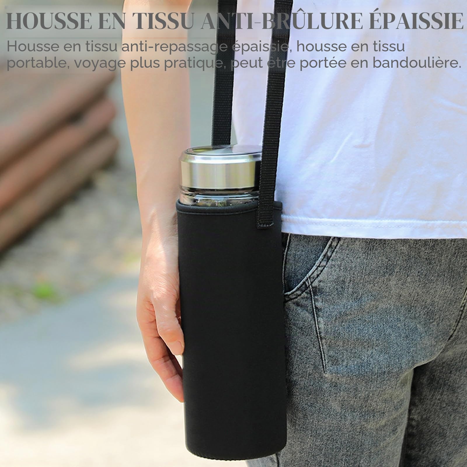 Bouteille en verre de 1 litre, gourde à double paroi de 1 l, gourdes avec brosse, ensembles de tasses, bouteille à thé avec passoire à emporter