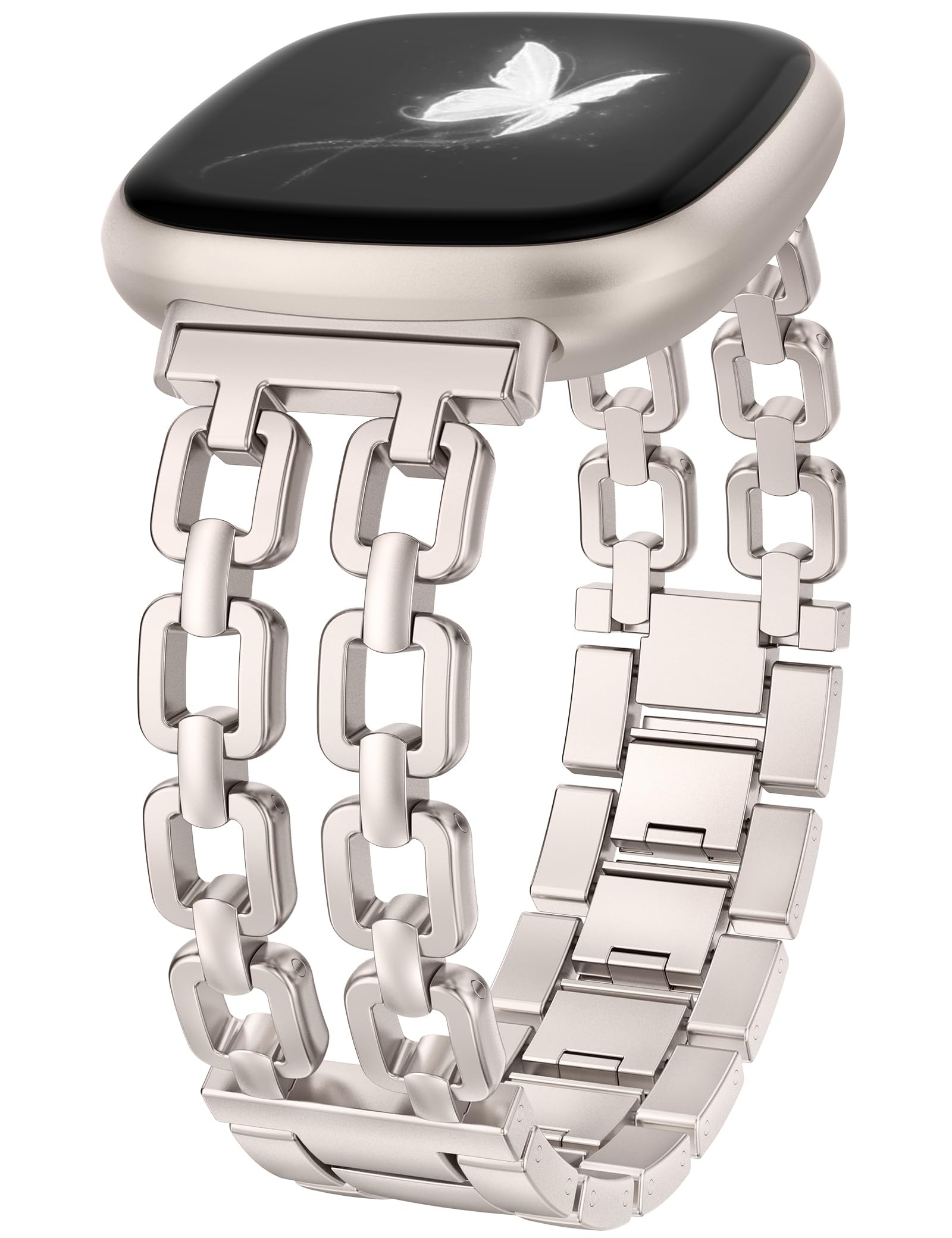 Wearlizer Metal Band Compatible with Fitbit Versa 4 Bands for Woman/Versa 3/Sense 2/Sense Bands Women, Dressy Chain Strap Designer Stainless Steel Bracelet Wristband Starlight