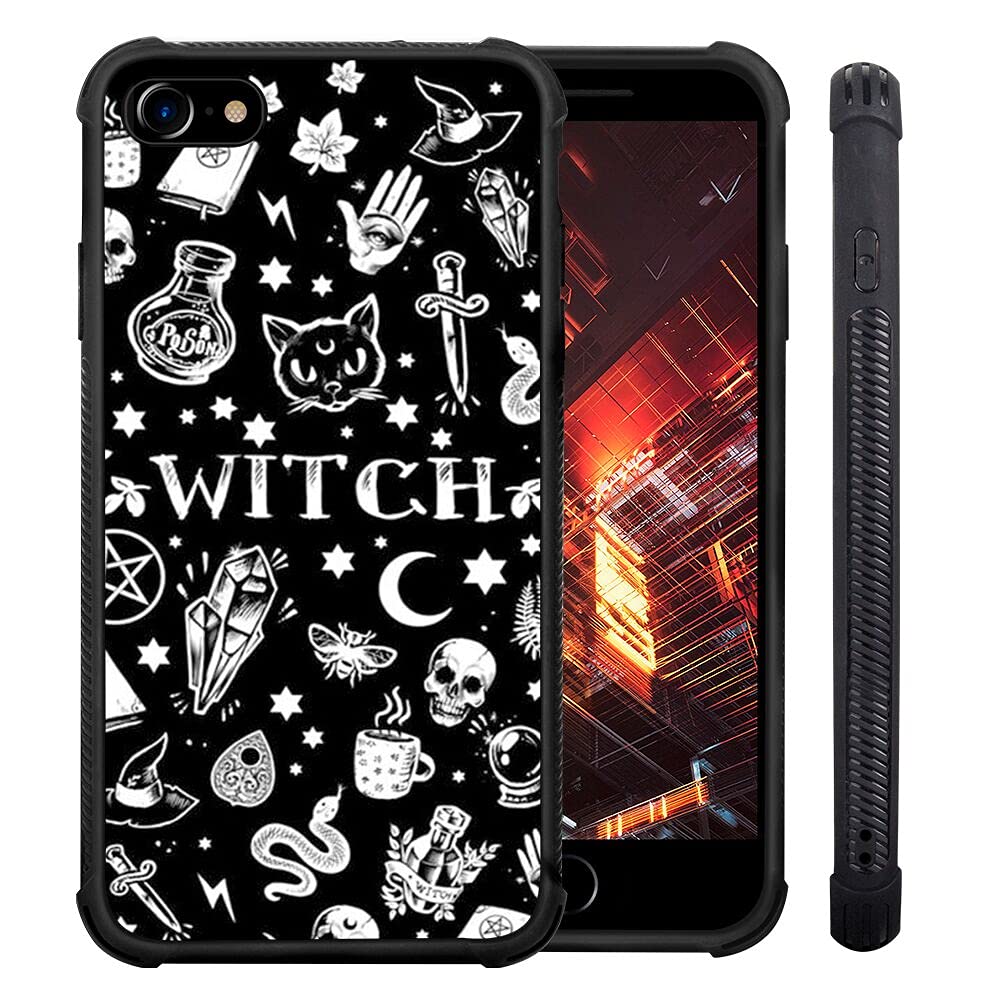 Phone Case for iPhone 7/8/SE2, Rugged ​Bumper Corner Case Shockproof Phone Case, Cross Moon Skull Print Witchcraft Black Witch Pattern Case Fits iPhone SE 2020 or iPhone 8 or iPhone 7 4.7inch
