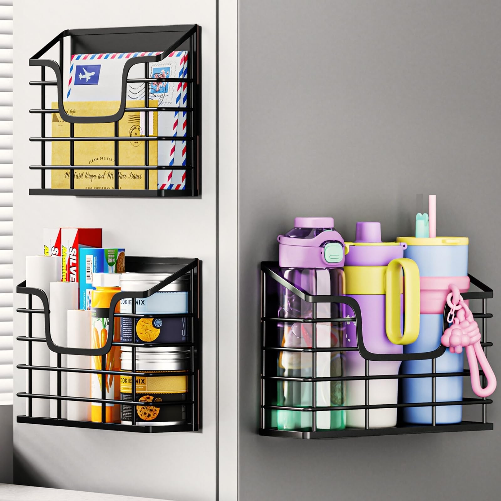 Magnetic Shelf for Fridge, 3 Pack Metal Fridge Organizer Baskets, Magnetic Cup Holder for Refrigerator, Fruit & Snack Storage, Magnetic Bin for Potatoes, Letters, Magazines, Kitchen & Laundry Room 3 Black