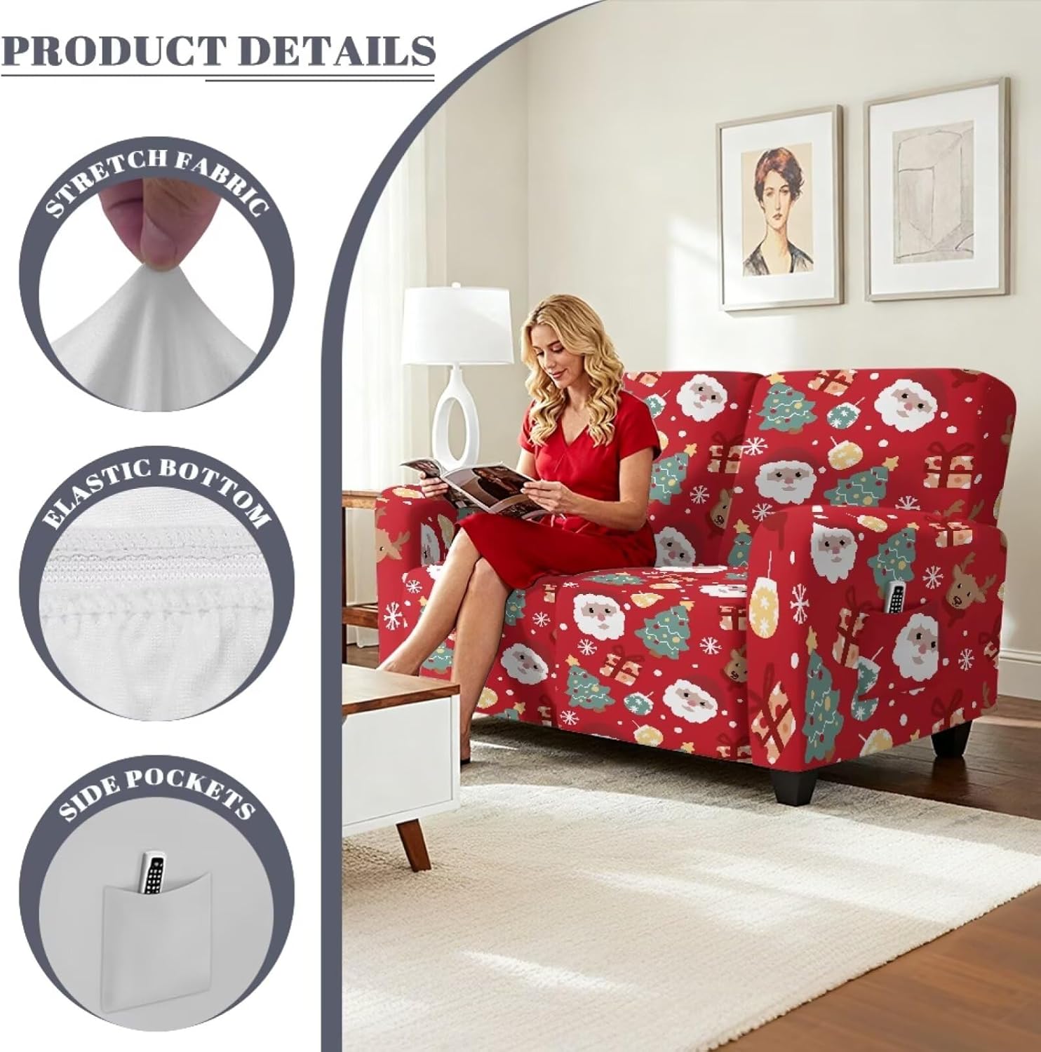 Santa Claus Christmas Tree Print Loveseat Recliner Covers for 2 Seat Sofa, Soft Reclining Love Seat Slipcover, 6-Piece Stretch Reclining Sofa Covers for Christmas Decor