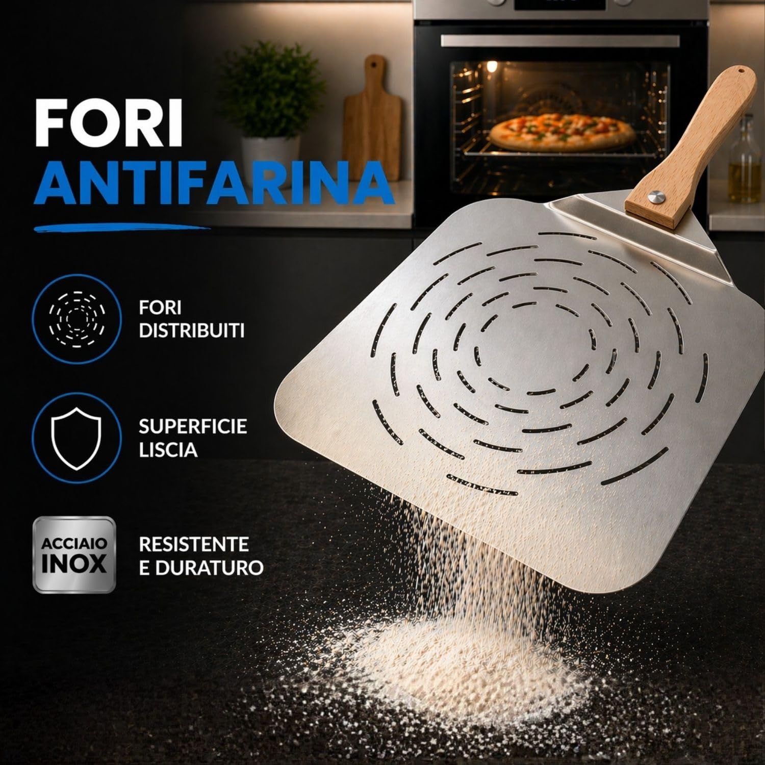 INOXLM Pala per pizza forata in acciaio inox manico pieghevole in faggio 33,5x30,5 cm, Pala per pizza corta, leggera e salvaspazio, ideale per forno domestico - Made in Italy