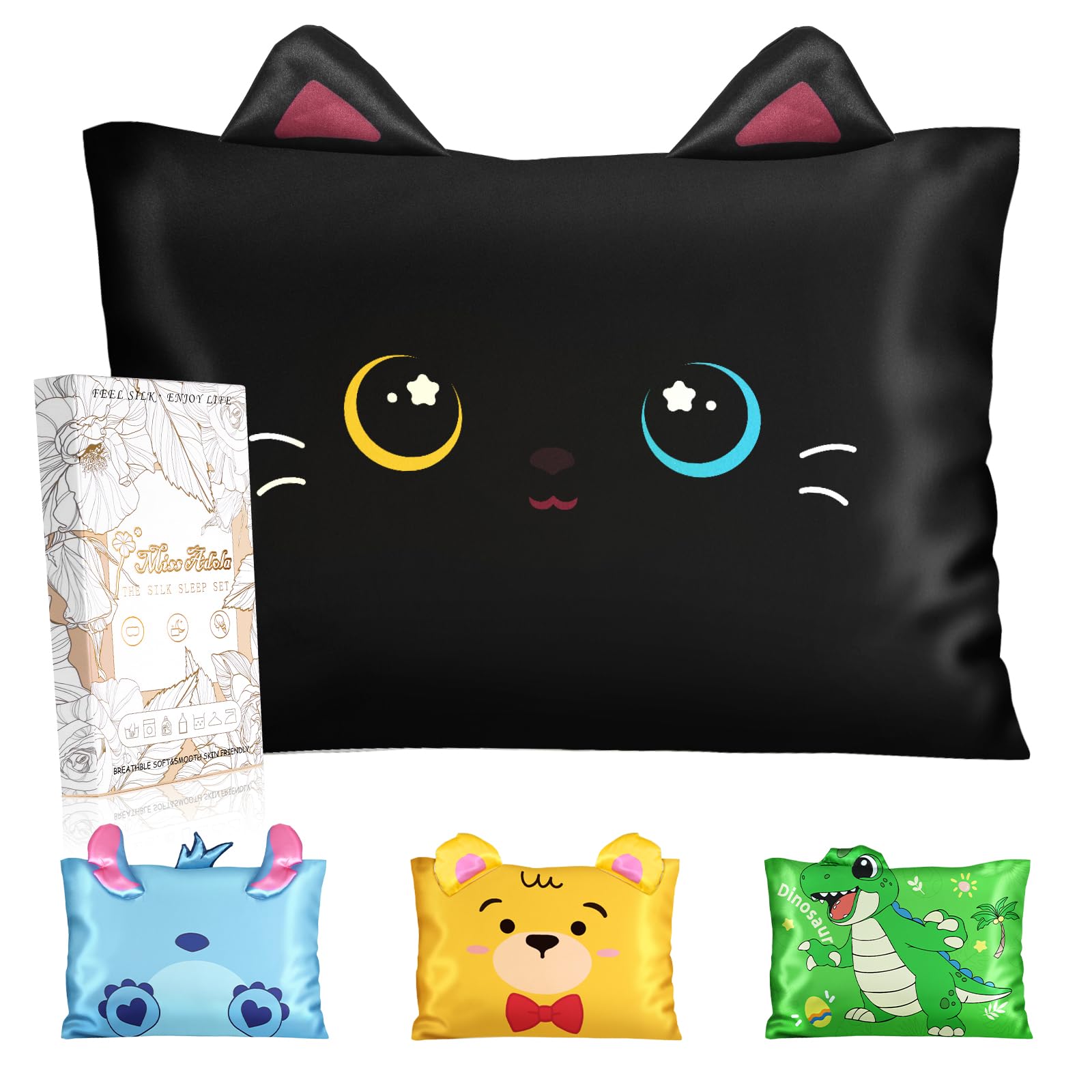 Miss Adola Kids Pillowcases Queen Size 20"x30" - Cute Cartoon Soft Breathable Silk Pillow Cases for Hair and Skin with Hidden Zipper for Girls Fun Kawaii Design for Bedding, Black Cat
