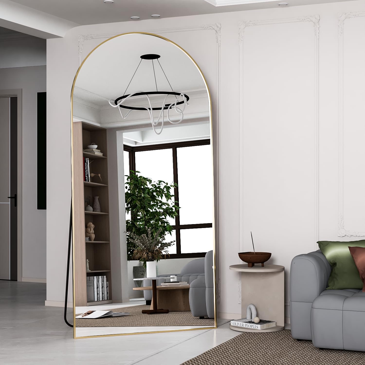 Lustro o pełnej długości 193 x 86 cm Zakrzywione złote lustro podłogowe ze stojakiem Wiszące lub opierające się o ścianę do wejścia do sypialni, salonu