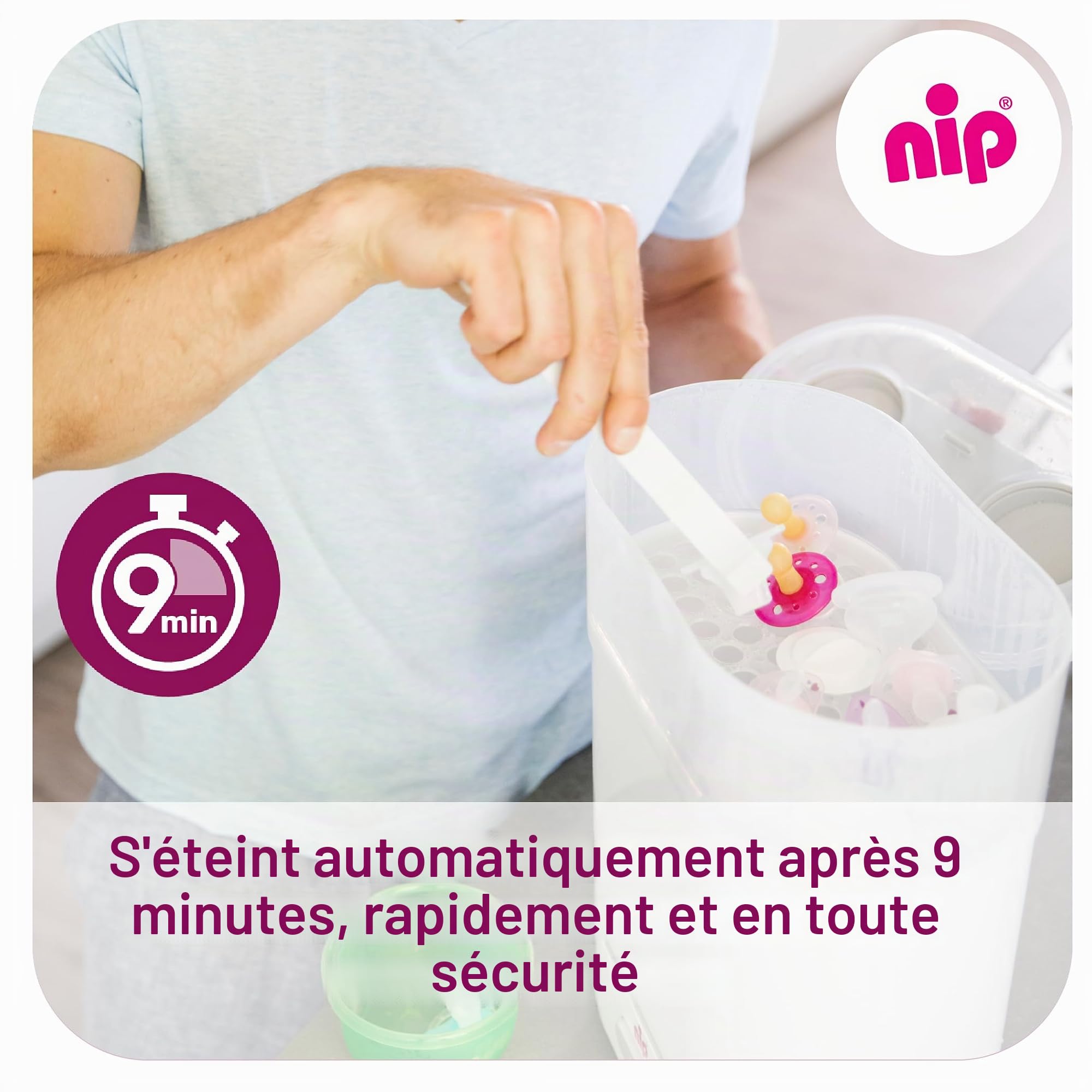 NIP Stérilisateur biberons : vaporisateur pour jusqu'à 6 biberons, tétines + accessoires, stérilisation rapide et sûre à la vapeur en seulement 9 minutes, avec arrêt automatique, blanc