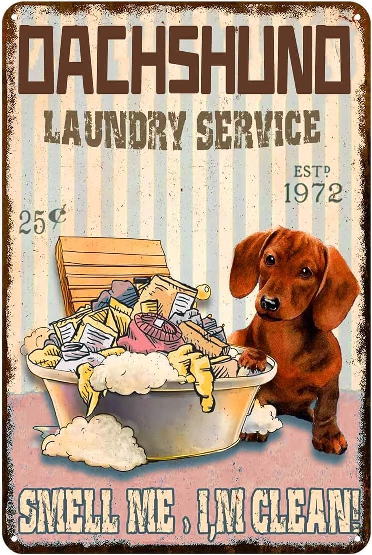 Anceky Retro Metal Tin Sign Funny Puppy Poster Plaque with Quote Laundry Service,Smell me I am Clean,Tinplate laundry room Wall Art Decor For Home Toilet Apartment Hotel 12x16 Inch